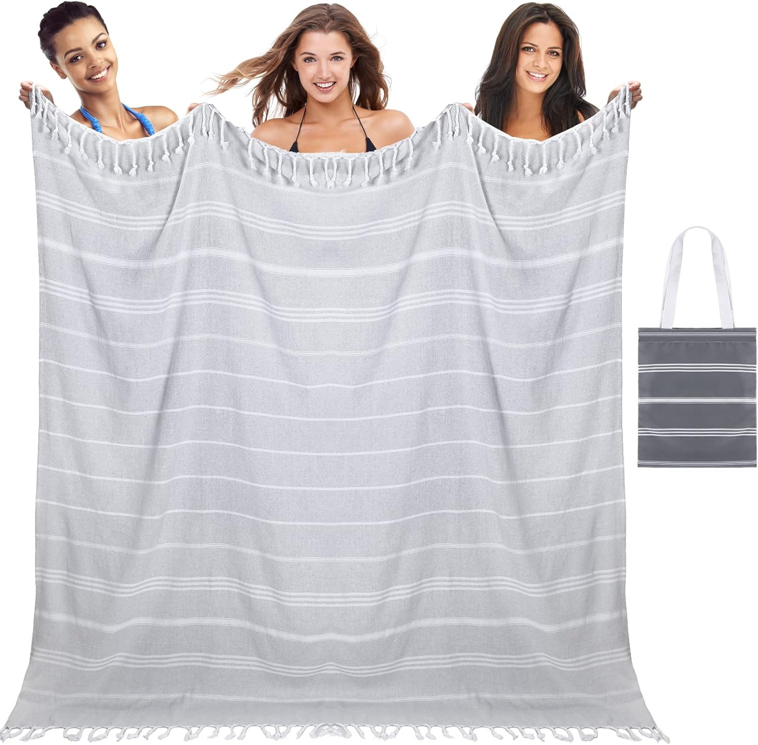 Extra Large Turkish Beach Towel with Bag ? 98 x 98 Inches Oversized Turkish Beach Blanket ? Lightweight Cotton Towel Blanket for Summer, Swimming Pool, Bath, Picnic, Gym (2 Pieces)