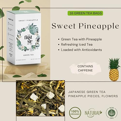 Miniatura 3 de Té verde de piña dulce, bolsas de té piramidales, con cafeína, antioxidantes, té caliente y helado, 16 tazas  The Spice Hut, primer sorbo de té