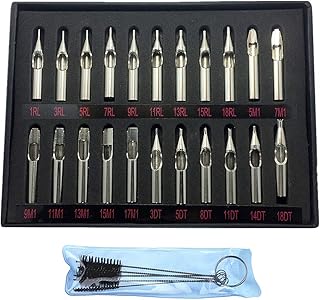 Autdor Tattoo Stainless Steel Tip Kits - 22pcs Tattoo Tips Set with Cleaning Brush Tattoo Tip Kits Assorted Round/Flat/Diamond Tip RT FT DT for Coil Tattoo Machine Rotary Gun Tip Accessories Set, Tattoo Supplies (Tips+Brushes)