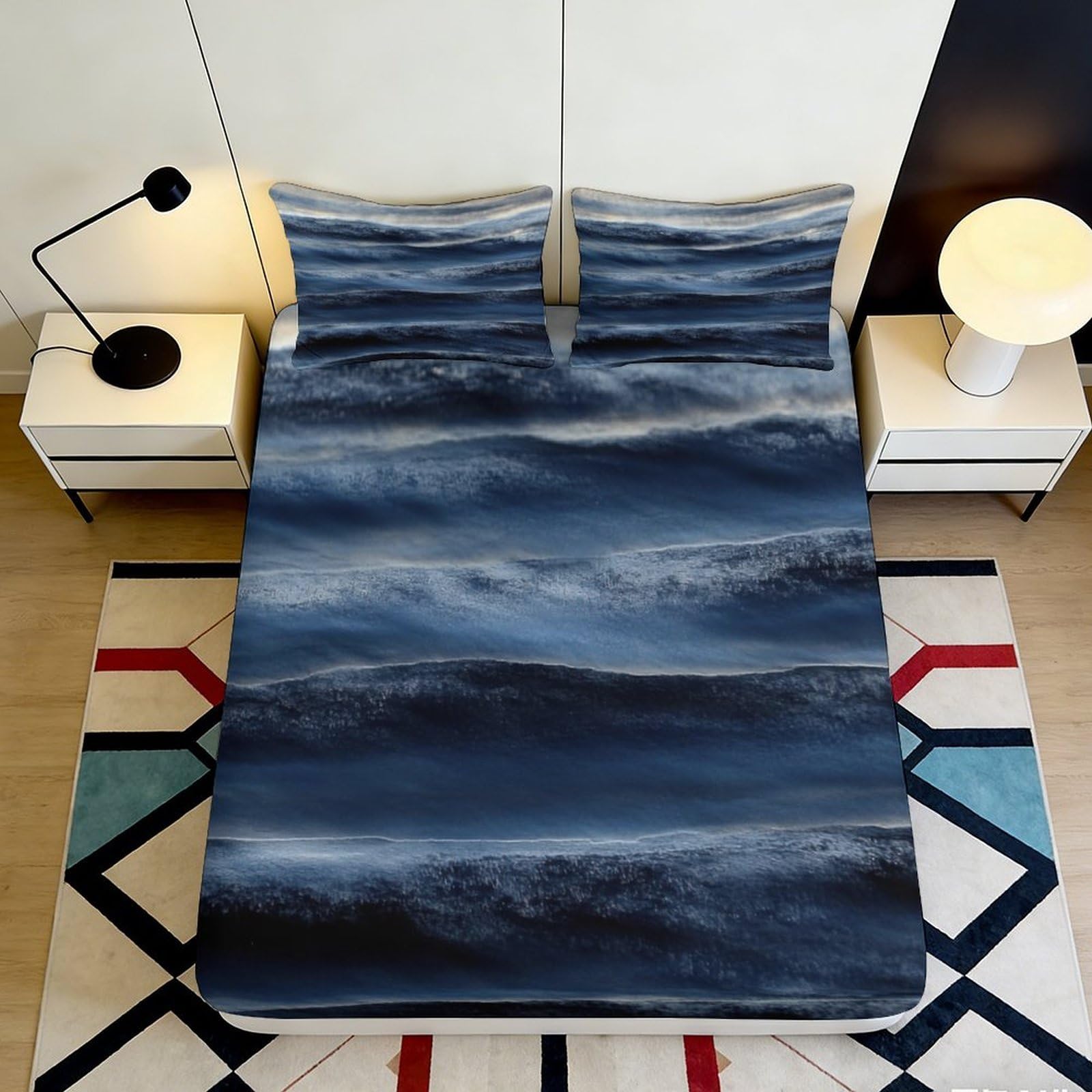 3D Printed Ocean Wave Fitted Sheet Microfiber Soft Blue Sea Mattress Cover for Bedroom Guest Room Dust Resistant 180x200x25cm