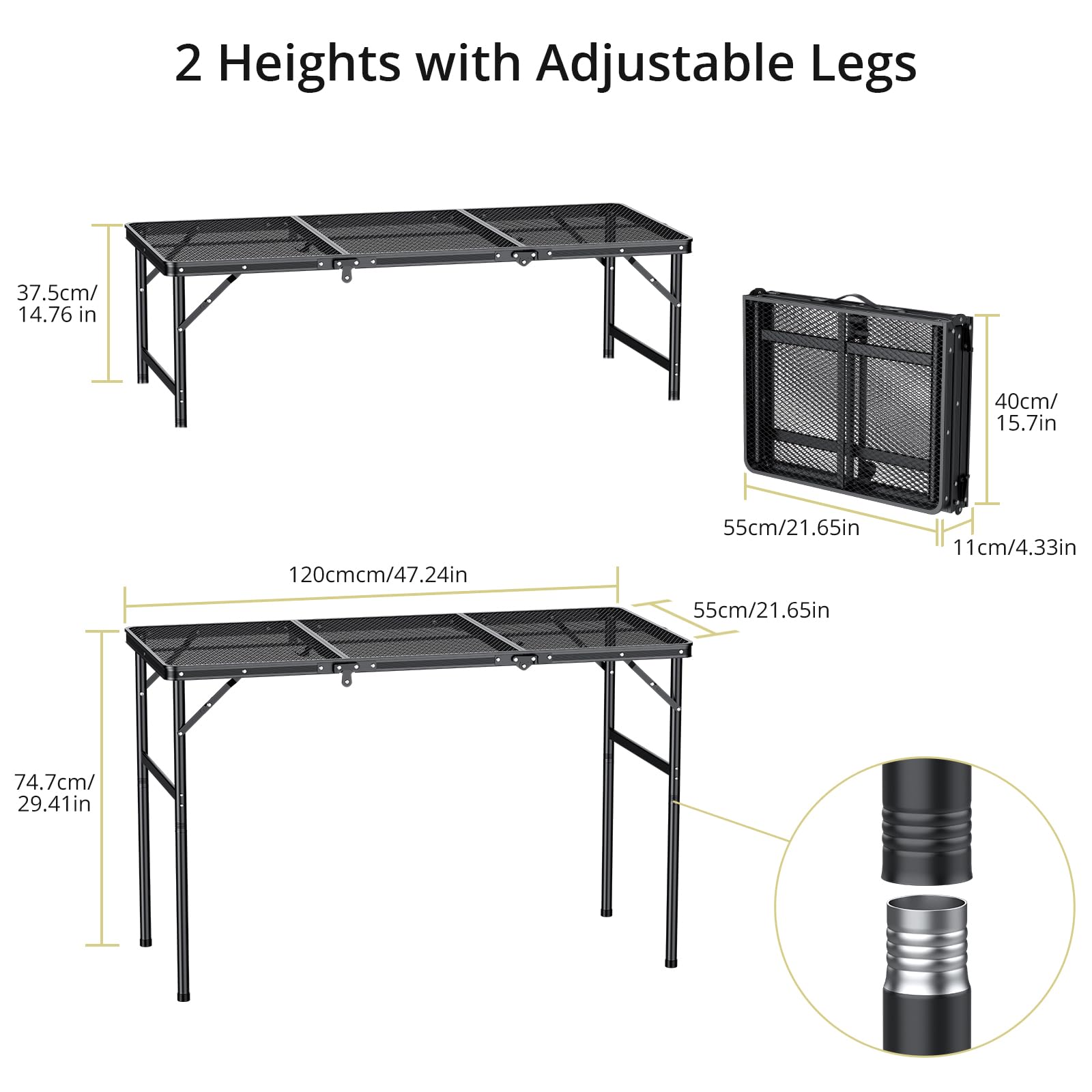 Anbte Mesa Camping Plegable 120x55x37.5/74.7cm Mesa de Parrilla 2 Alturas Ajustables