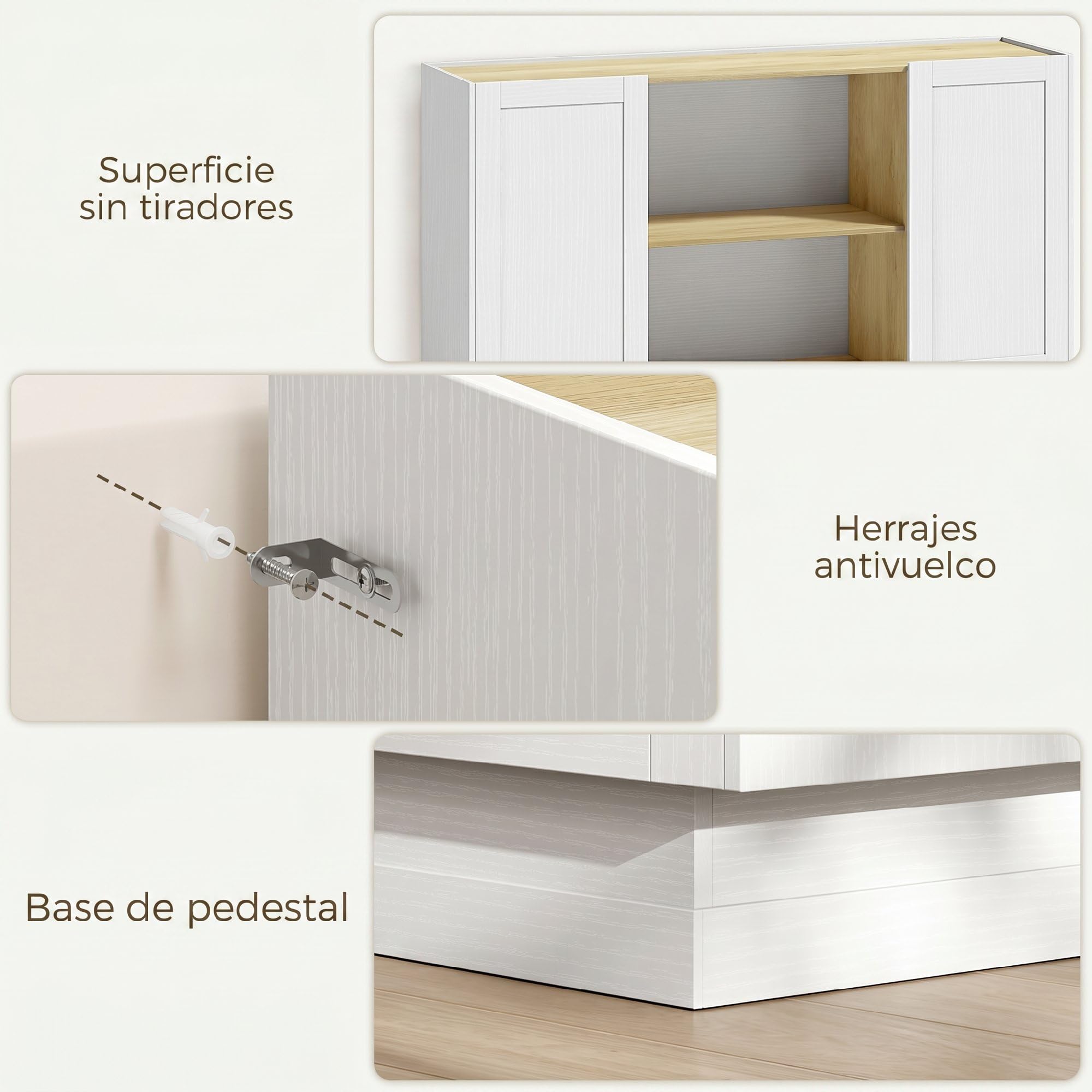 HOMCOM Aparador con 2 Estantes Abiertos 133x35x79,7 cm Natural y Blanco | Armario de Cocina Moderno, 2 Puertas de Cierre Suave, Mueble de TV para 60 Pulgadas, para Salón, Comedor