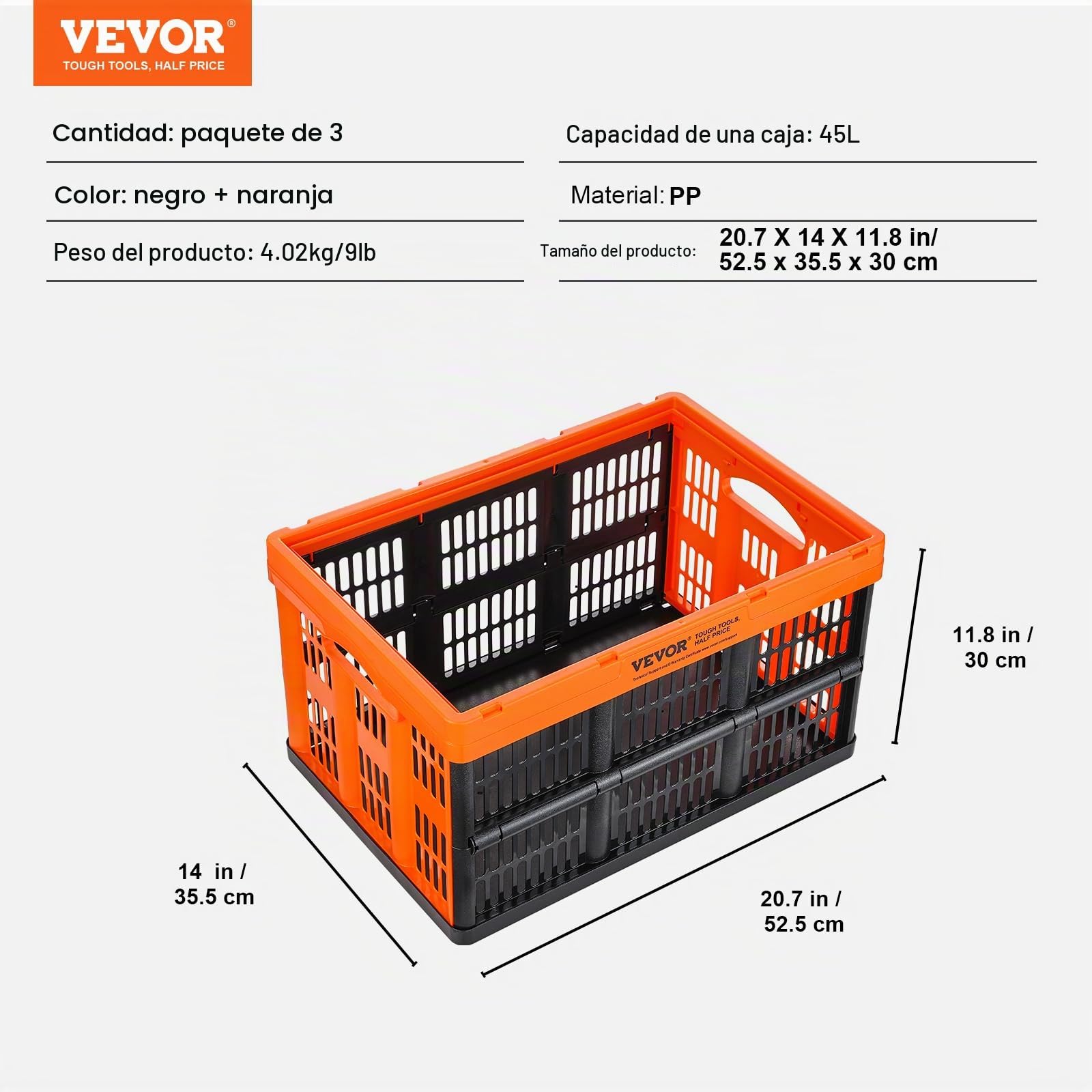 VEVOR Caja de Almacenamiento de Plástico Plegable con Tapas 3 PCS, Cajas de Transporte Apilable 45 L con Asas, Contenedores Grandes y Resistentes para Ropa, Juguetes, Libros, Accesorios, Negro/Naranja