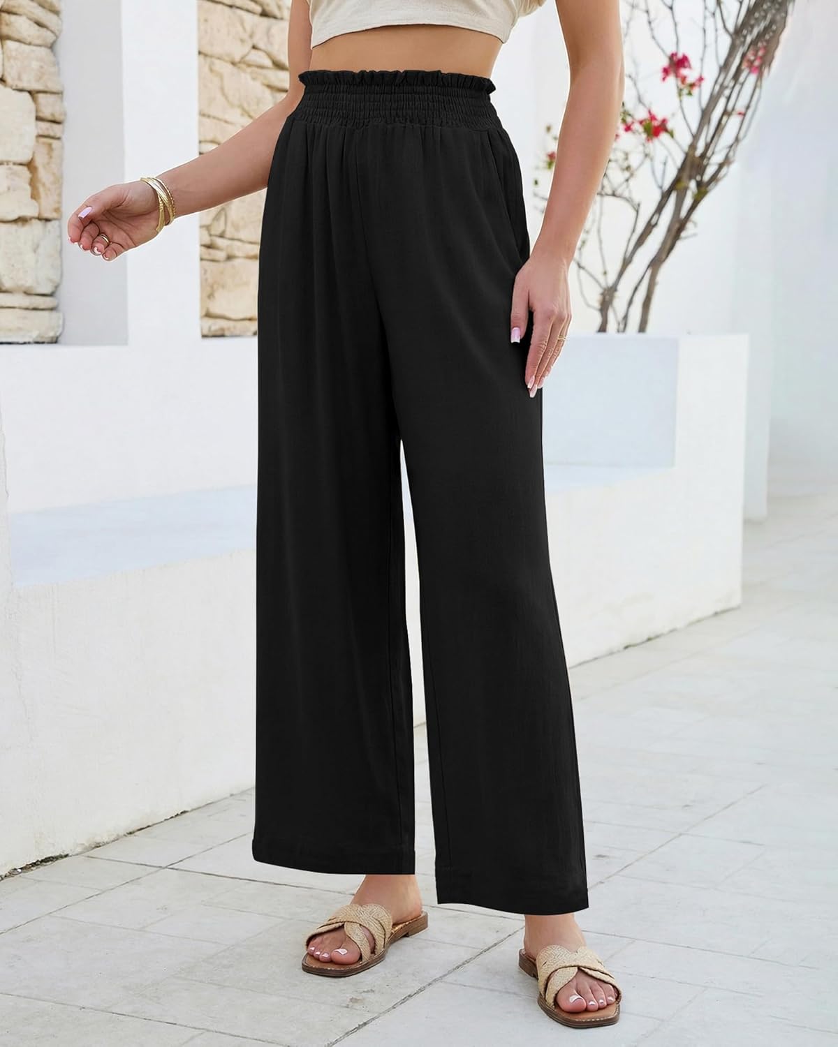 GRAPENT Linen Pants for Women Wide Leg High Waisted Paper Bag Smocked Waist Casual Summer Beach Vacation Palazzo Pants - Image 3