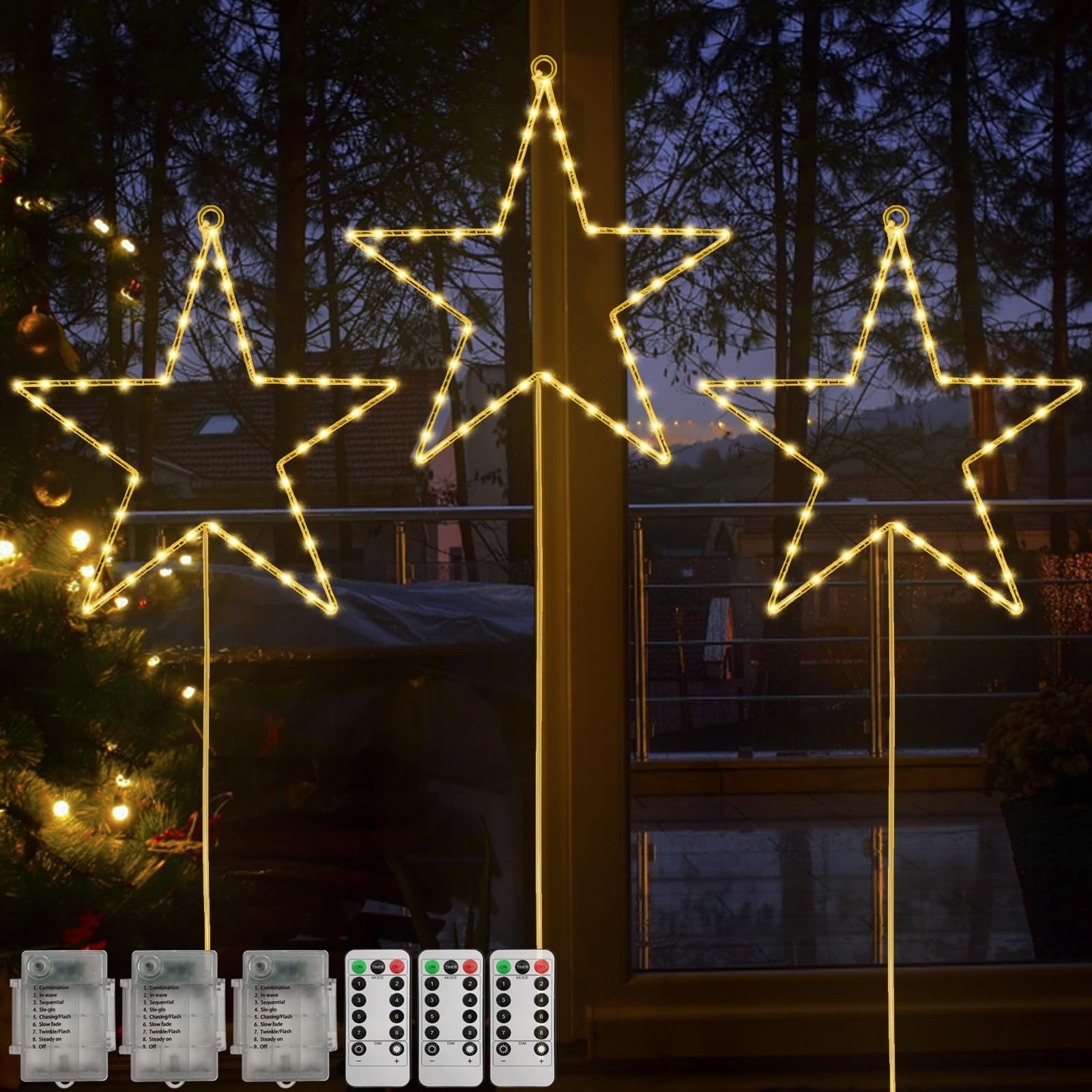Christmas Window Lights, 3 Packs Battery Operated 45 LED Stars Window