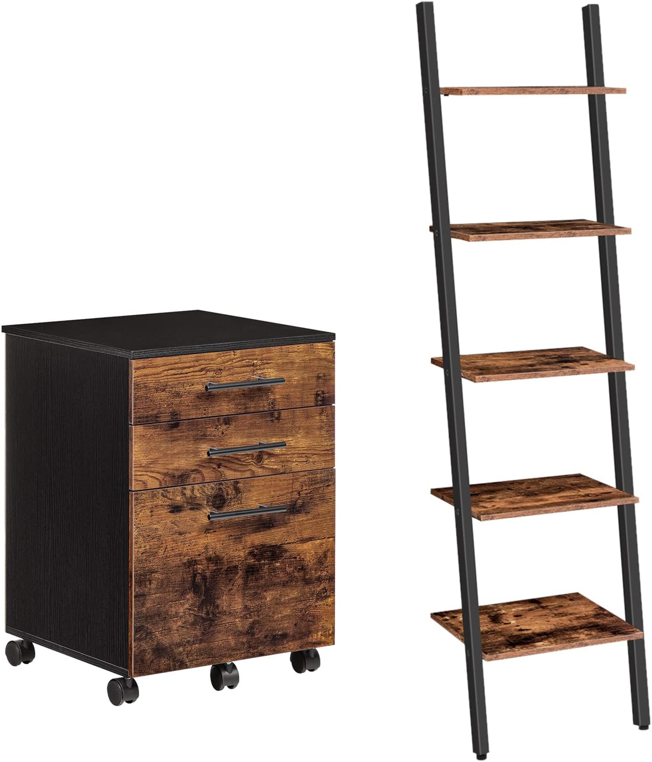 HOOBRO File Cabinet,Ladder Shelf Leaning Shelf, Office Cabinet with 3 Drawers and 5 Wheels,Leaning Bookshelf with Steel Frame,Rustic Brown and Black : Office Products