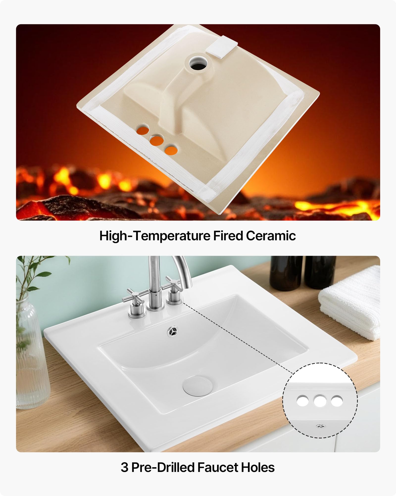 VEVOR Lavabo Semi Incasso in Ceramica da Appoggio 510 x 465 mm con 3 Fori Preforati, Lavabo Moderno per Cucina Bagno nel Piano di Lavoro, Foro del Rubinetto 35 mm, Lavello Bianco