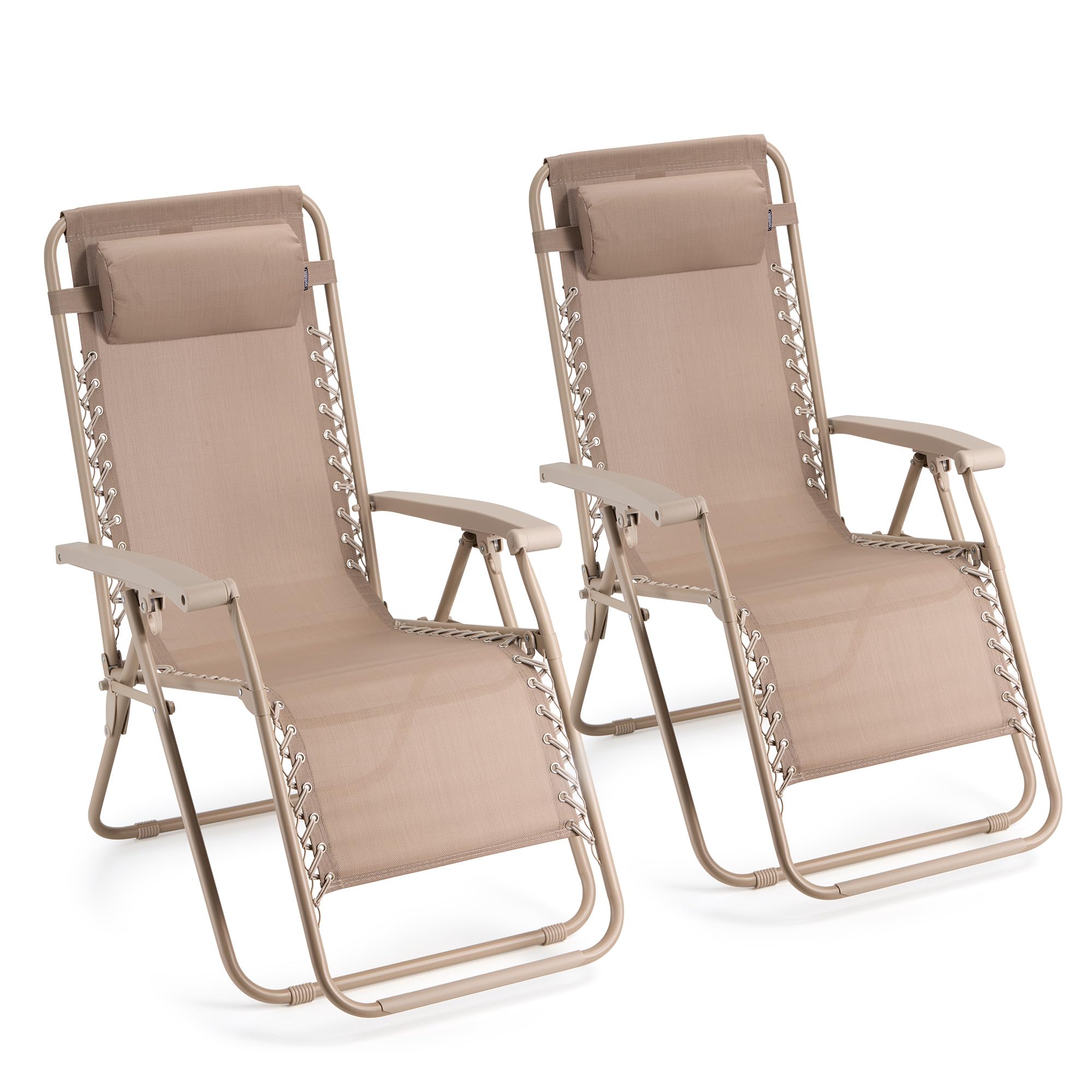 VonHaus Zero Gravity Chairs Set of 2 - Reclining Sun Loungers for Garden - Textilene Folding Sunloungers with Detachable Headrest - Fold Away 2 Set Deck Chairs for Outdoor, Patio (Taupe)