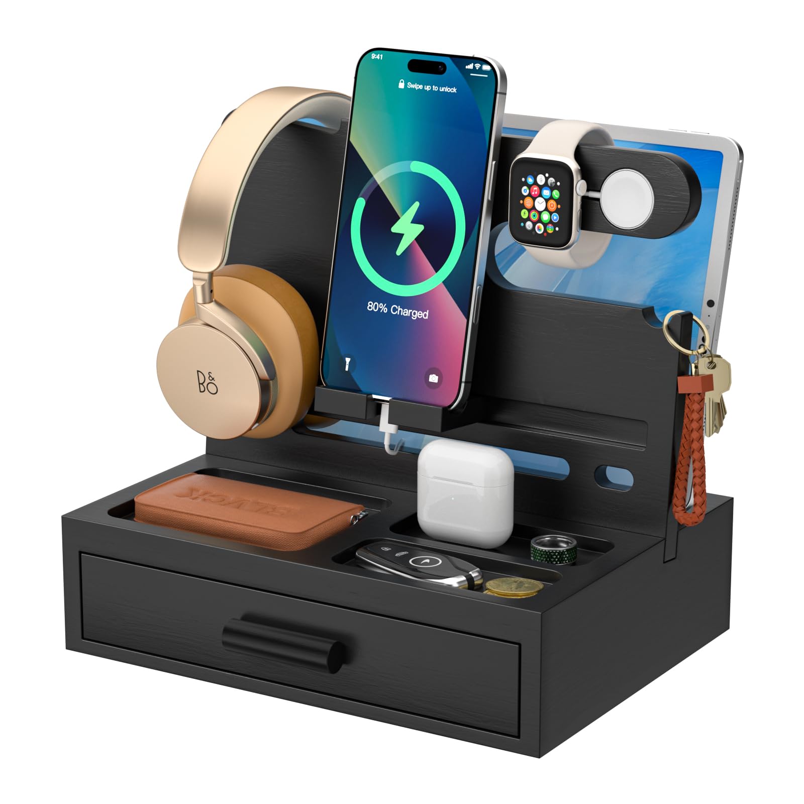 Sephyroth Docking station per telefono in bambù, organizer per comodino, supporto per cellulare, regalo per uomini, regalo di Natale per fidanzato, regalo per marito, con cassetto portaoggetti (nero)
