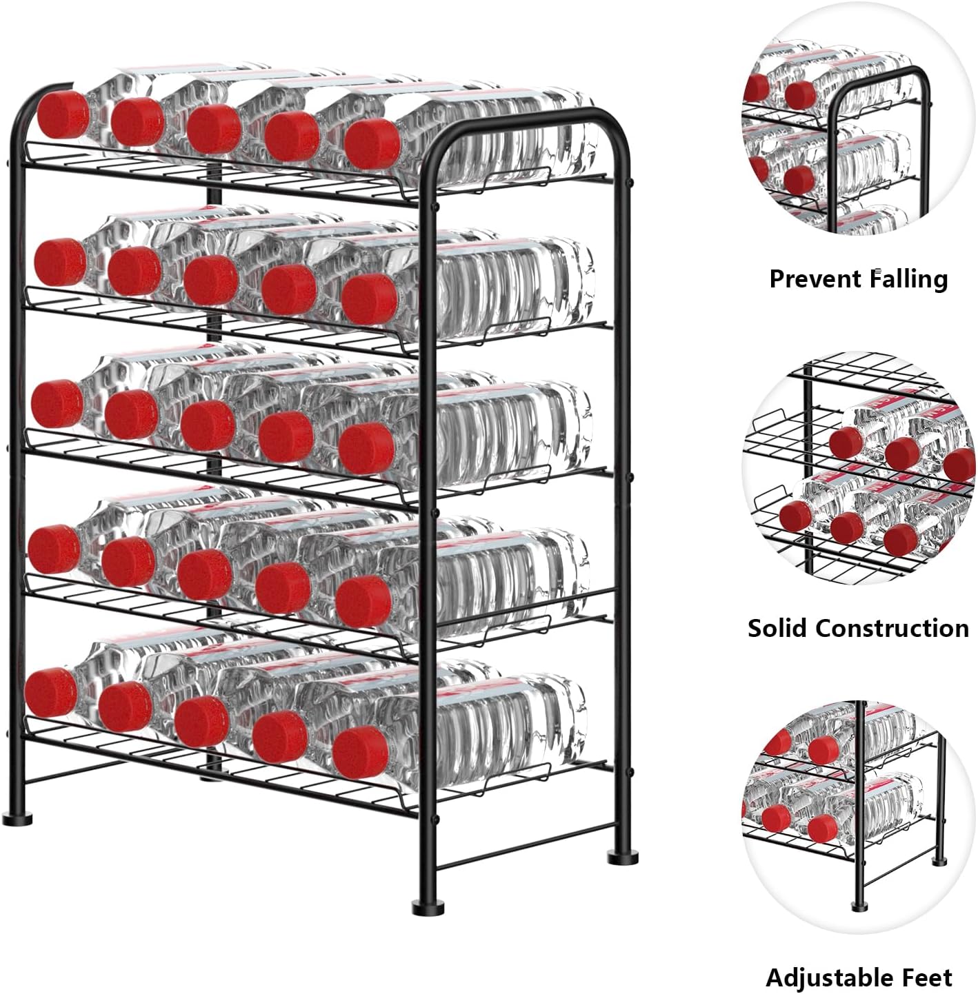 OYEAL Water Bottle Storage Rack 5 Tier Bottled Water Holder Organizer Freestanding Floor Beverage Soda Drink Stand Shelf for Kitchen Pantry Can Storage, Hold 30 Bottles, Black - Image 3