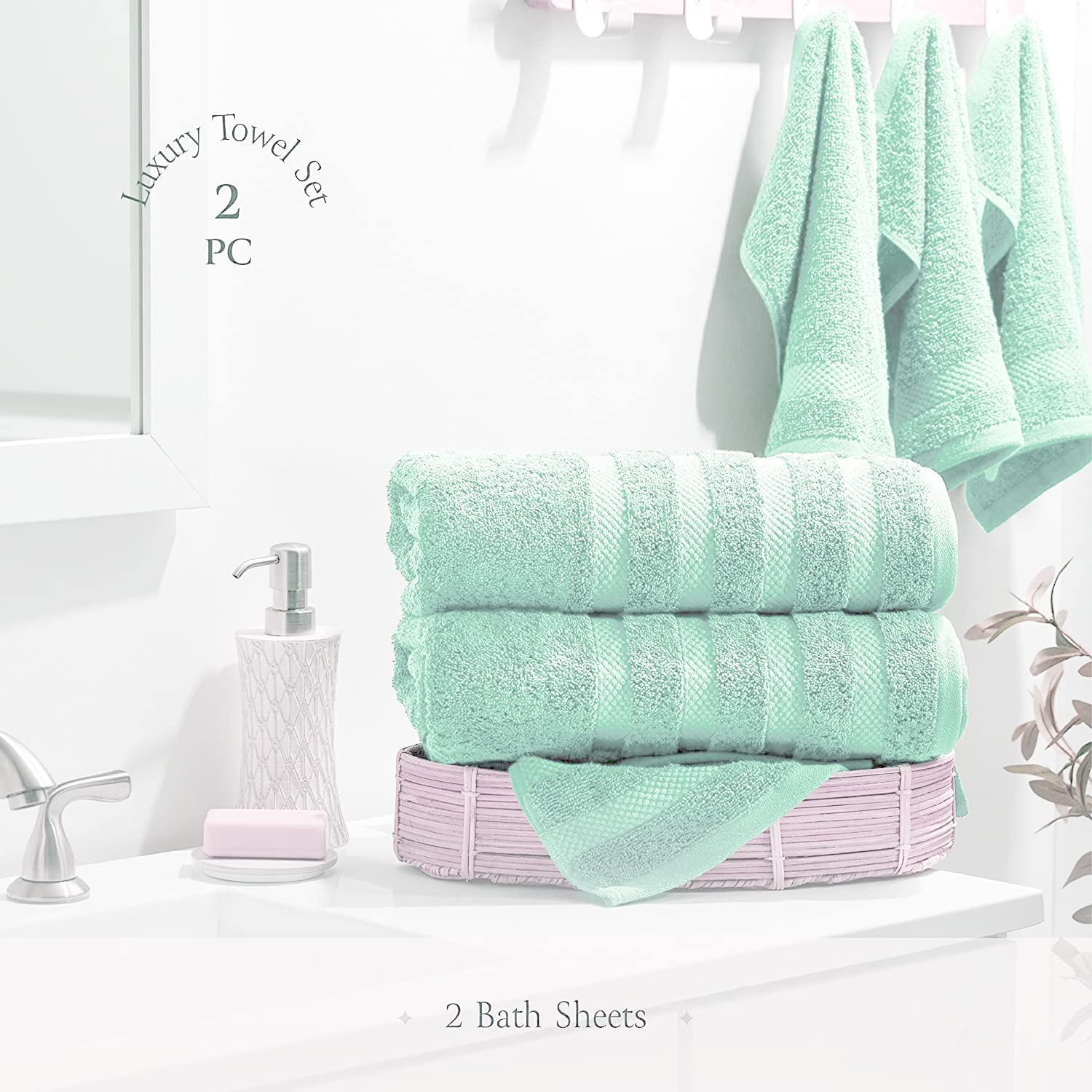 Confezione da 2 lenzuola extra large (100 x 200 cm-600 GSM) in puro cotone egiziano per bagno, spiaggia, piscina (Aqua, Cotone)