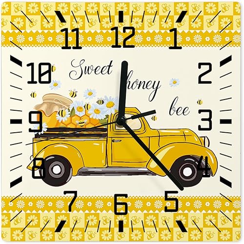 Reloj de pared de madera, reloj de pared de madera con diseño de abeja, color amarillo, camión tirón de miel, flores lindas, borde de 12 pulgadas, Reloj de pared de madera, reloj de pared de madera con diseño de abeja, color amarillo, camión tirón de miel, flores lindas, borde de 12 pulgadas,