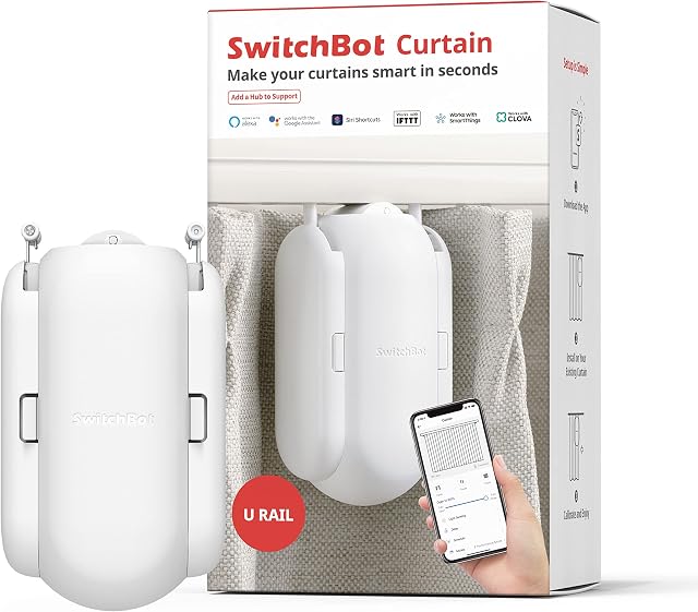 SwitchBot Curtain Smart Electric Motor - Wireless App or Automate Timer Control, Use SwitchBot Hub Mini to be Compatible with Alexa, Google Home, HomePod, IFTTT (U-Rail, White)
