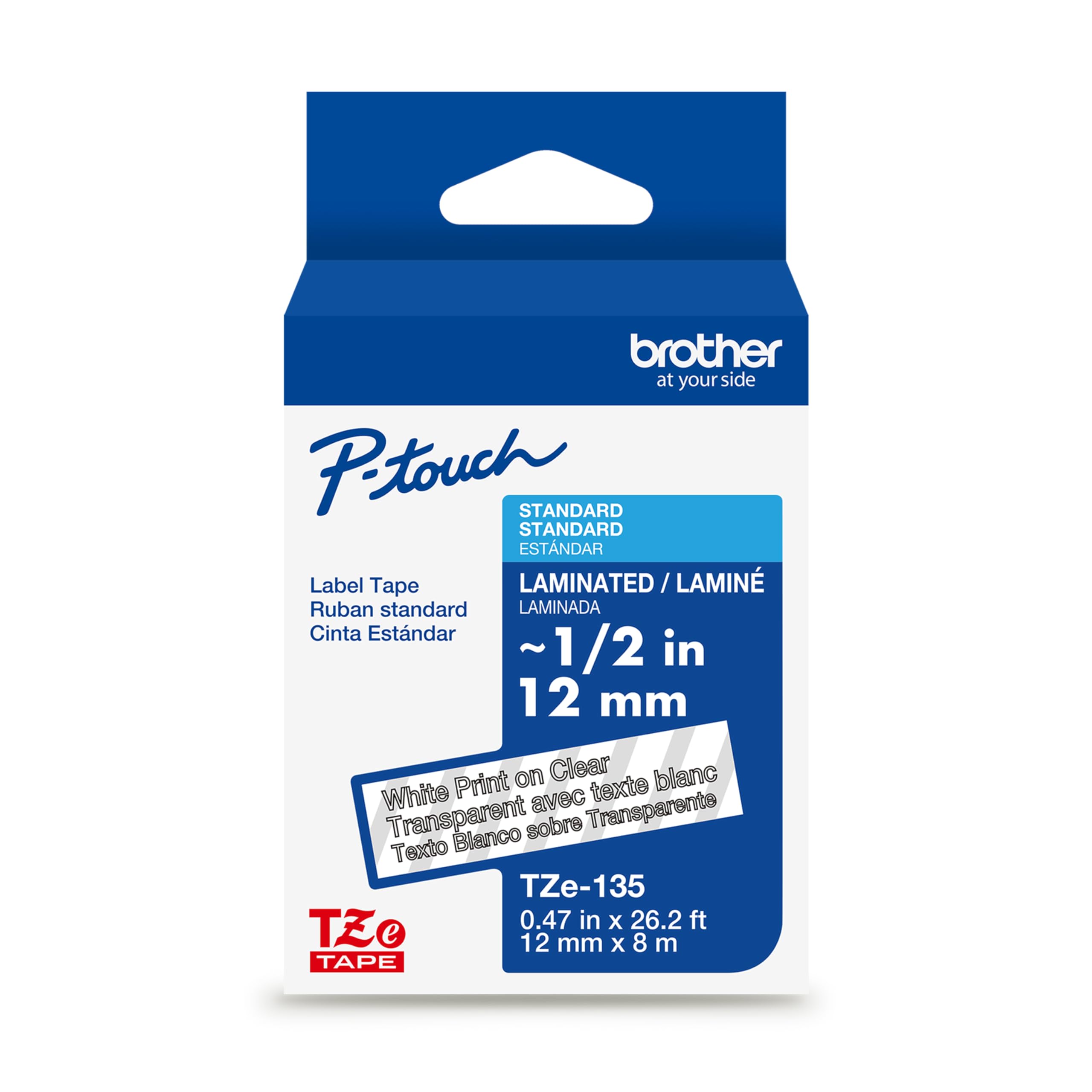 Brother TZe135 Laminated Tape, 1/2 Inch, White on Clear