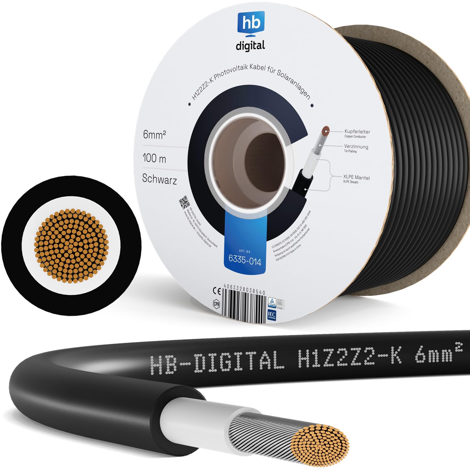 hb-digital 100m Cable solar 6 mm2 H1Z2Z2-K Probado por TÜV Rheinland Resistente a los rayos UV Flexible Cobre puro 1500 V Cable de extensión fotovoltaico para panel solar placa