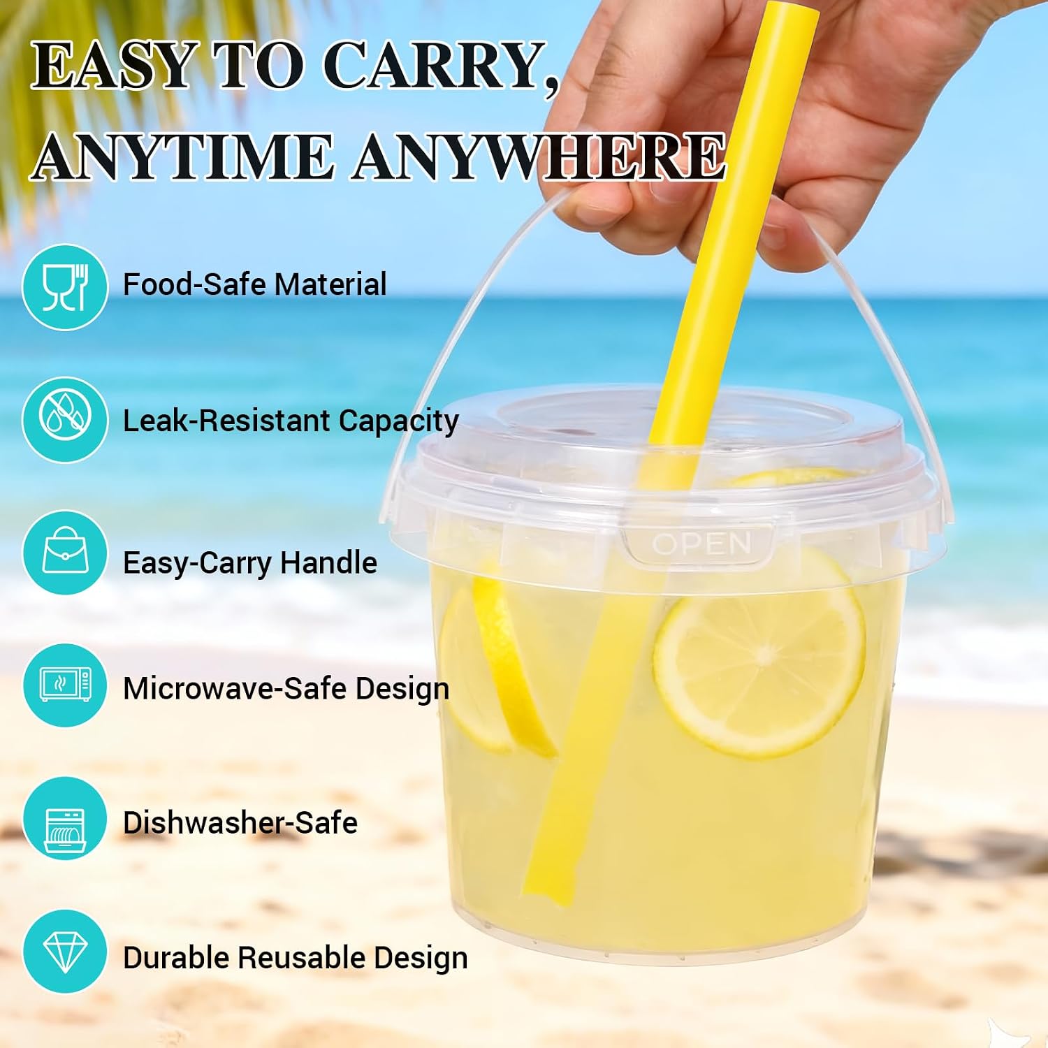 ASEVAT 10 Pack 34oz Clear Plastic Drink Buckets with Dual-Lid System, Reusable 1L Cups with Lids and Straws, Leakproof Bucket Cups for Boba Bubble Tea, Smoothies, Iced Coffee image 5