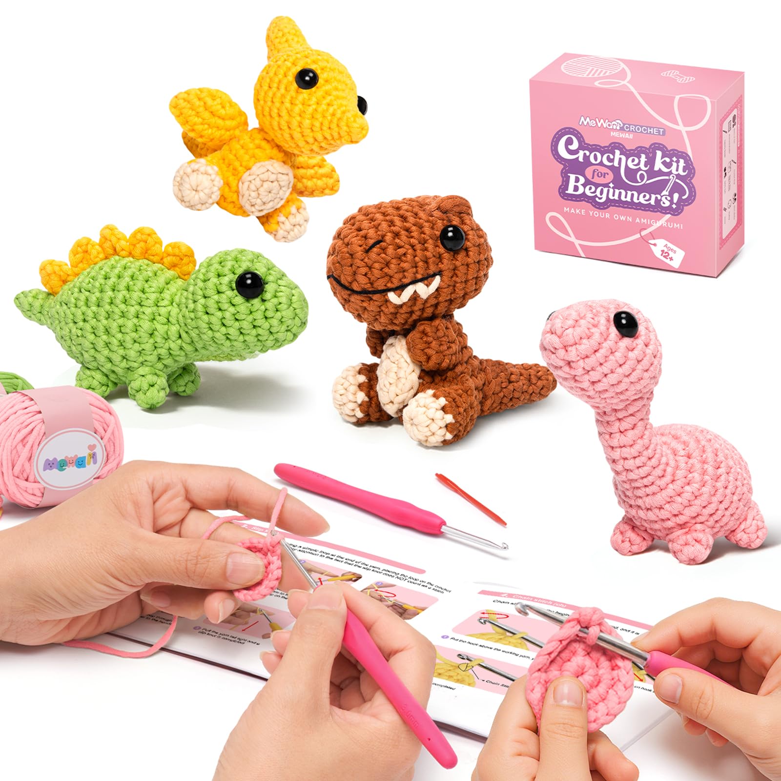 Mewaii Crochet Kit for Beginners, 4 Pack Dinosaur Set Craft Set