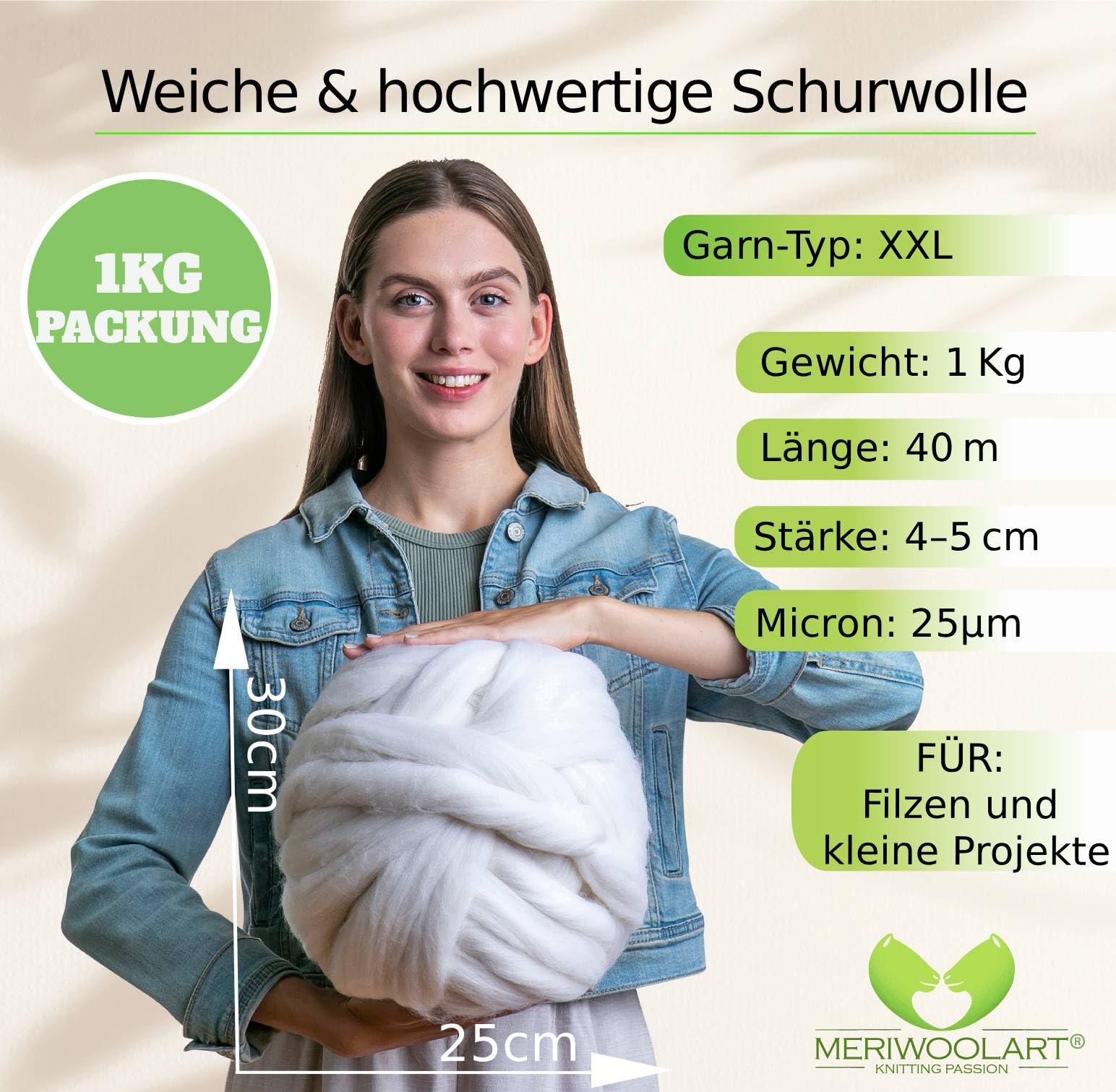 MeriWoolArt® XXL Merino Wolle Garn 100% Schurwolle (4-5cm Stärke), Extra Dicke Filzwolle für Trocken- & Nassfilzen, Armstricken, DIY Decke für Baby & Erwachsene – 1kg