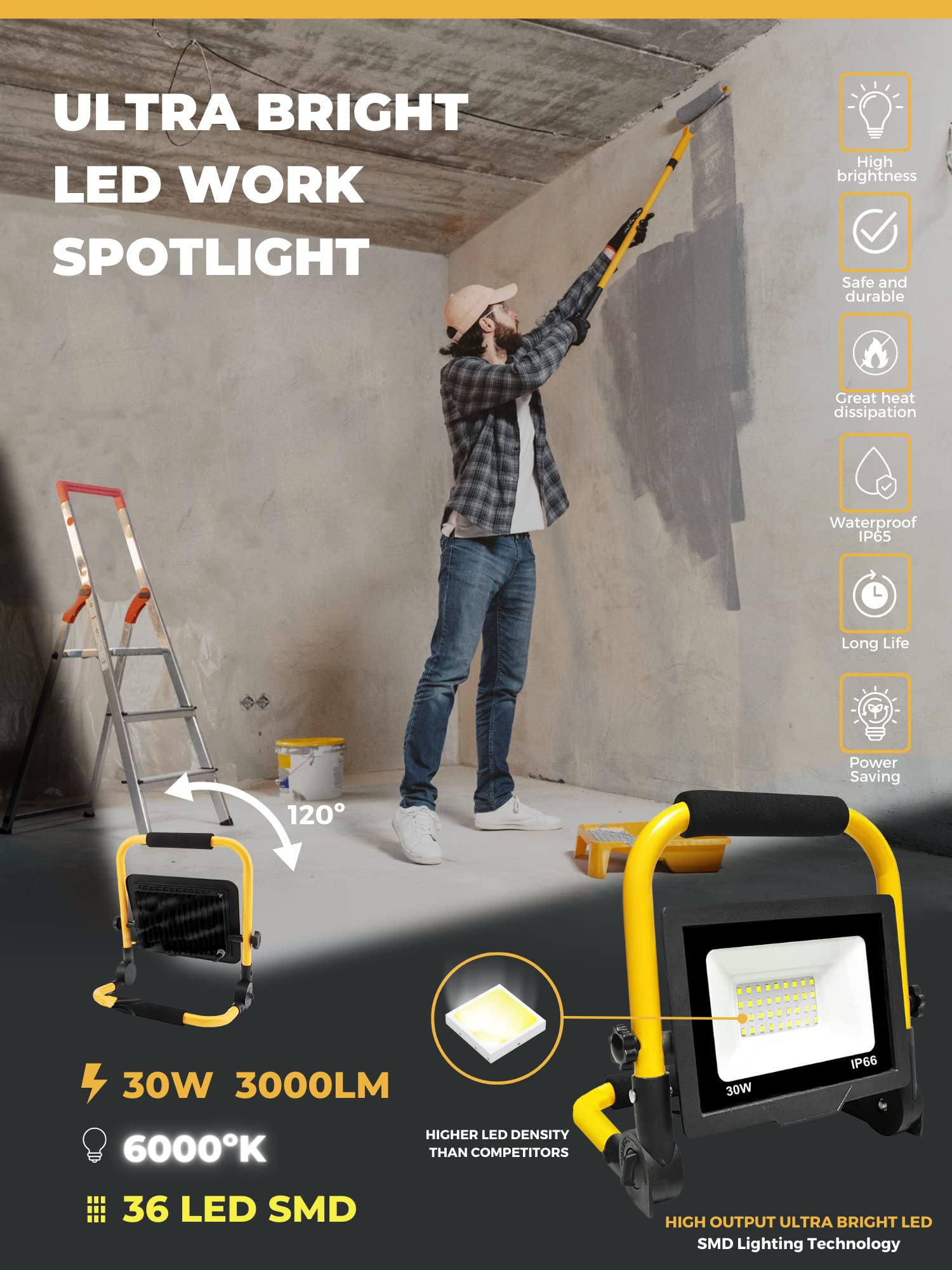 Faro LED Da Cantiere 100W HYCHIKA - 12000LM, 2 Modalità, IP65, Cavo 2m, Rotazione 360° - Foto 8