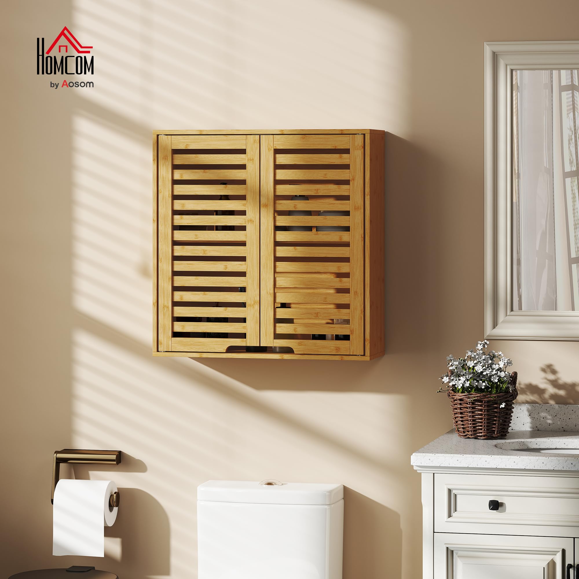 HOMCOM Armoire Murale de Salle de Bain, Meuble de Rangement avec 2 Compartiments et Étagère Réglable, Meuble Haut en Bambou pour Toilette, Cuisine, 60 x 20 x 60 cm, Effet Bois Naturel