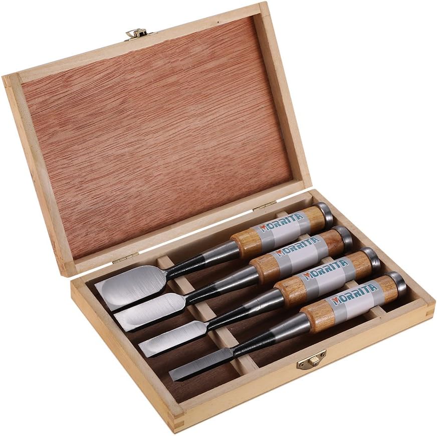 Morrita Japanese Chisel Set 9mm(3/8"),15mm(5/8"),21mm(7/8"),30mm(1-3/16") Wood Chisel Wood Carving Mortise Chisel With Double-layered Blades 4pcs in wooden box