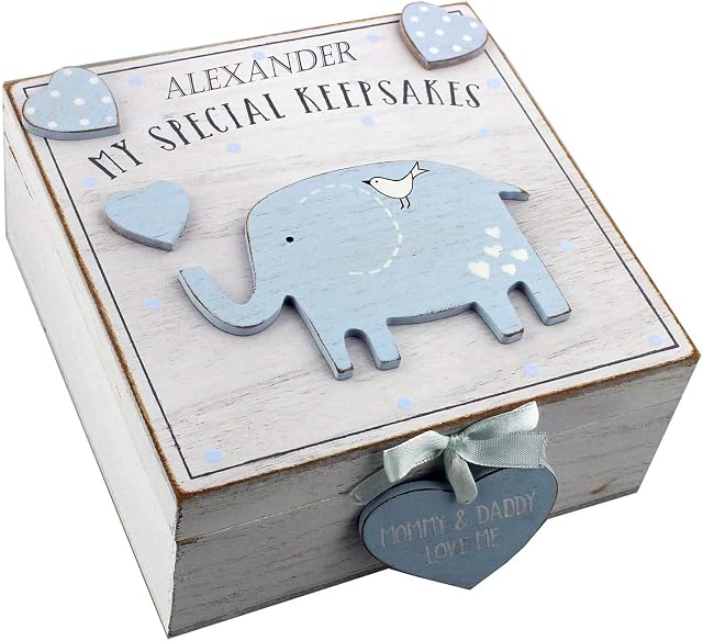 Personalised Boy Baby Box Keepsake - Baby Memory Boxes Keepsake for Boy | Vintage Wooden Elephant Blue Keepsake Box Memory Christening Gift Present for Newborn Baby Bay New Baby
