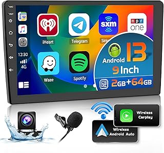 2G+64G Android 13 Car Stereo Double Din Wireless Apple Carplay & Android Auto, 9 Inch HD Touchscreen Car Radio with Bluetooth, GPS Navi, WiFi, Mirror Link, FM, RDS, HiFi, SWC, Mic + AHD Backup Camera