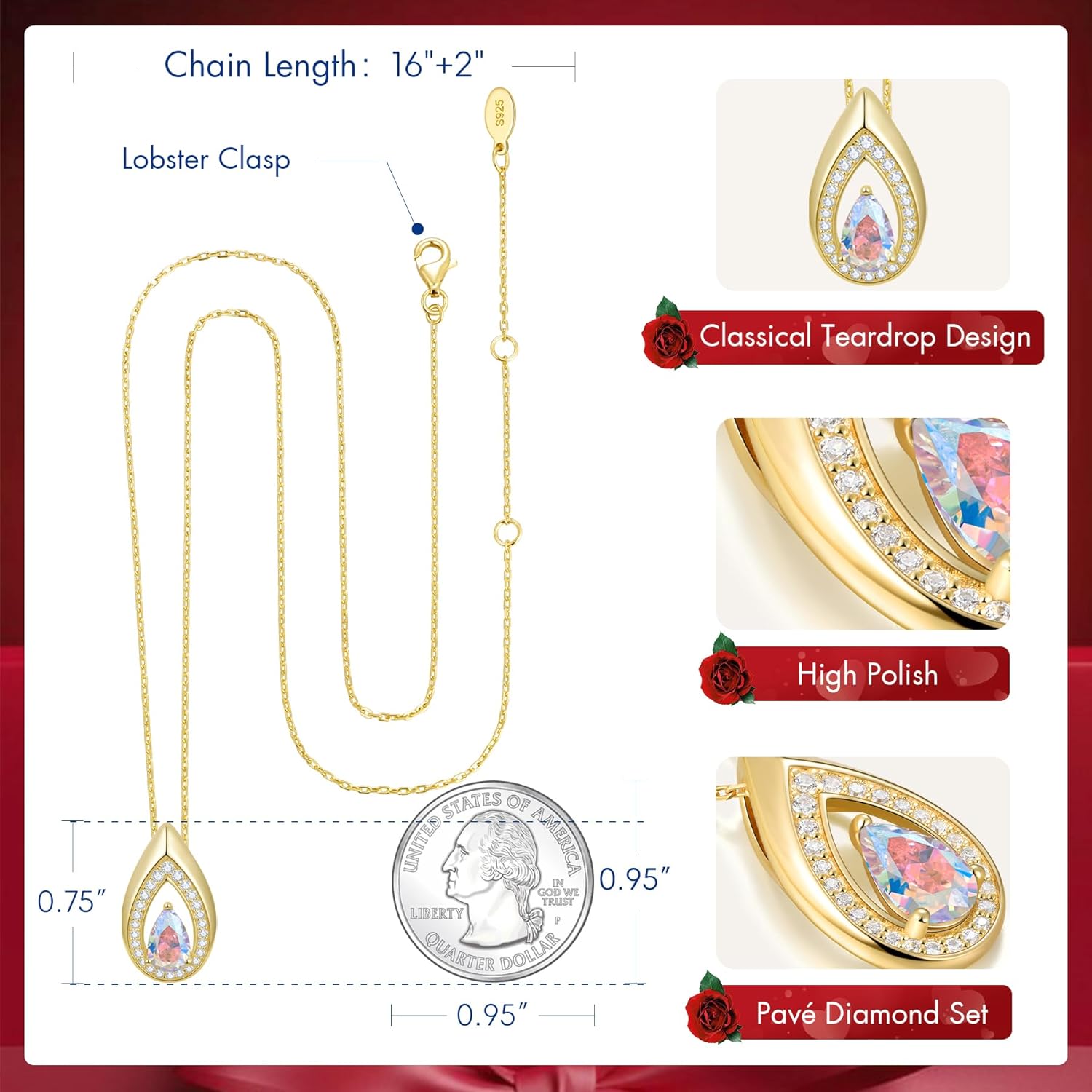 Birthday Jewelry Valentine's Day Gifts for Wife/Girlfriend - 14K Gold/White Gold Lab-Grown Moissanite/Emerald/Birthstone Pendant Necklaces for Women, Classic Style Non Tarnish 16"+2" Adjustable - Image 6