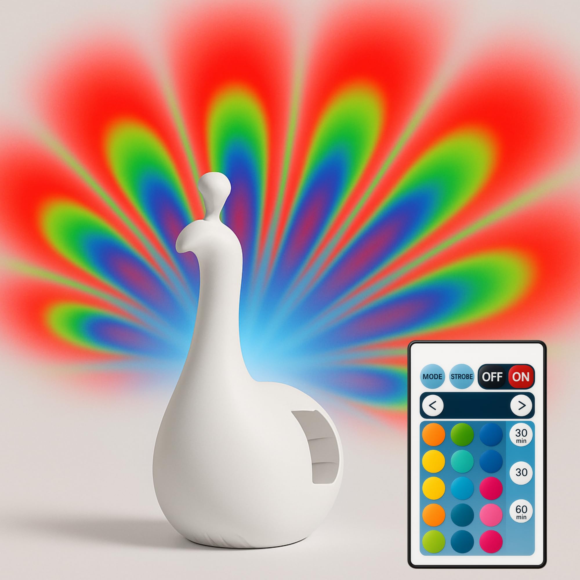 Peacock Projection Lamp with Remote Control, 7 Colour LED Wall Night Light
