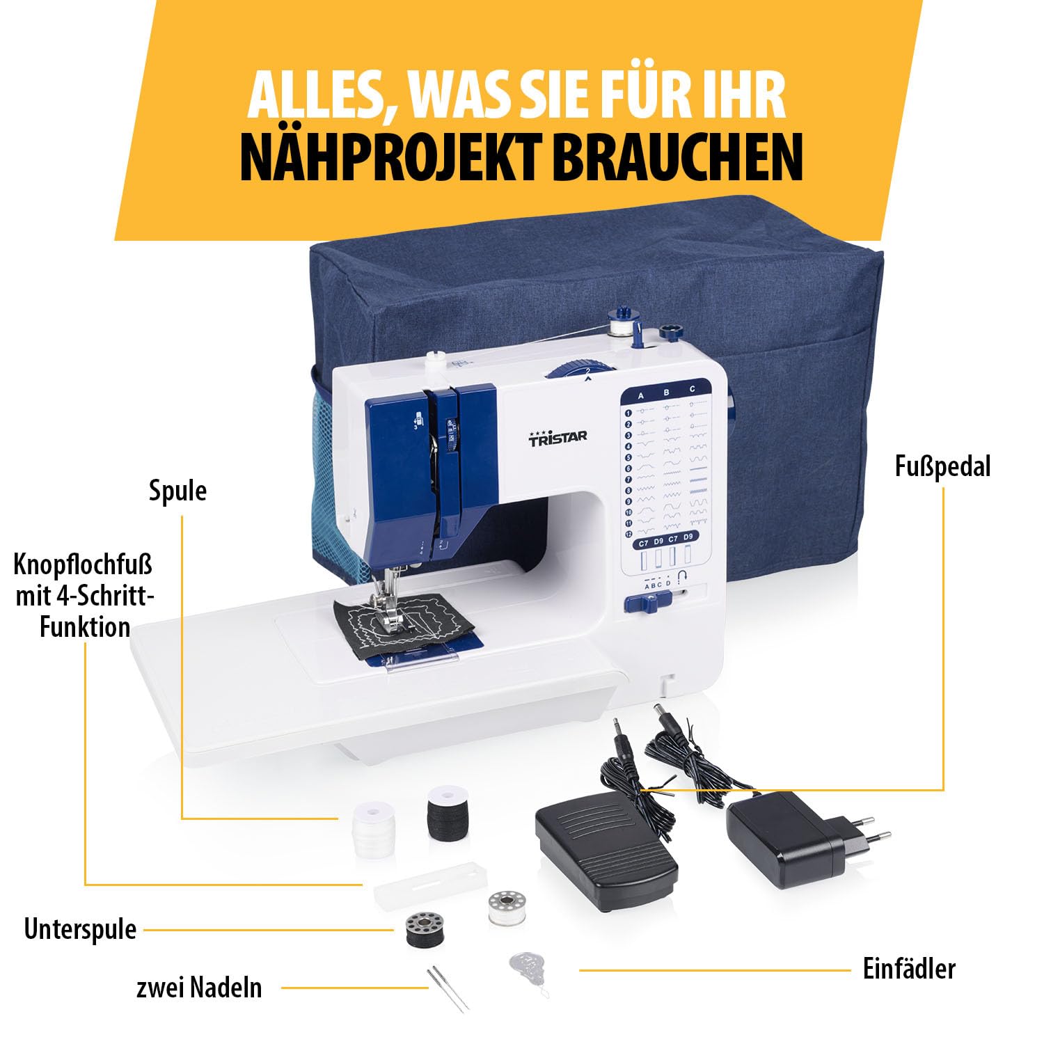 Tristar Nähmaschine mit 38 Stichprogrammen, Abnehmbarem Anschiebetisch, Freiarm, LED-Licht, Automatischem Nadeleinfädler, Fadenschneider, Geschwindigkeitsregelung, SM-6005