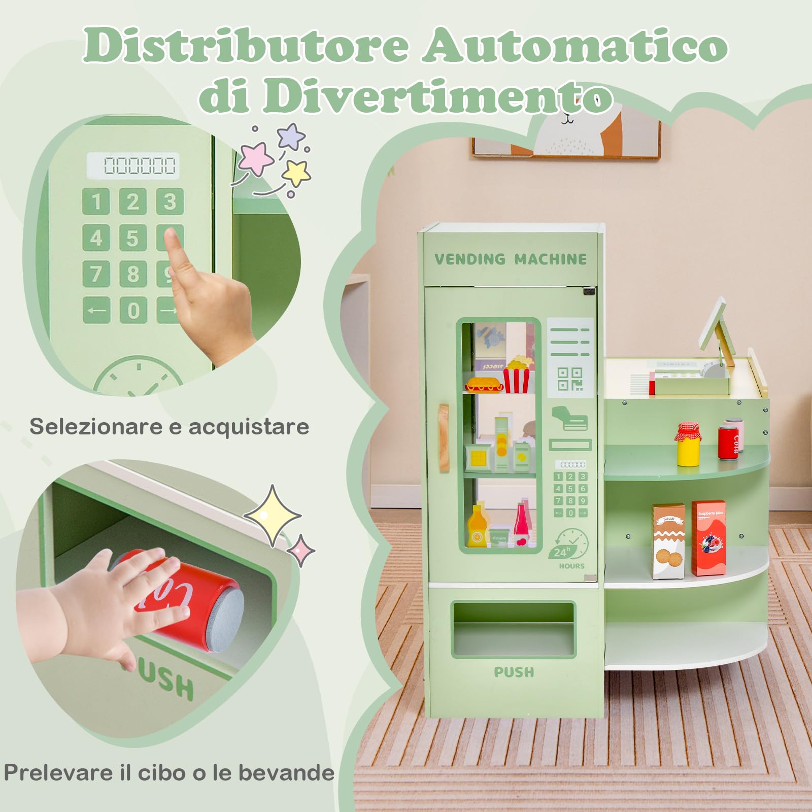 GYMAX Negozio di Alimentari per Bambini, Gioco di Supermercato in Legno Autoportante con Banco Cassa, Macchina POS, Distributore Automatico, Set di Giocattoli Registratore di Cassa (Verde)