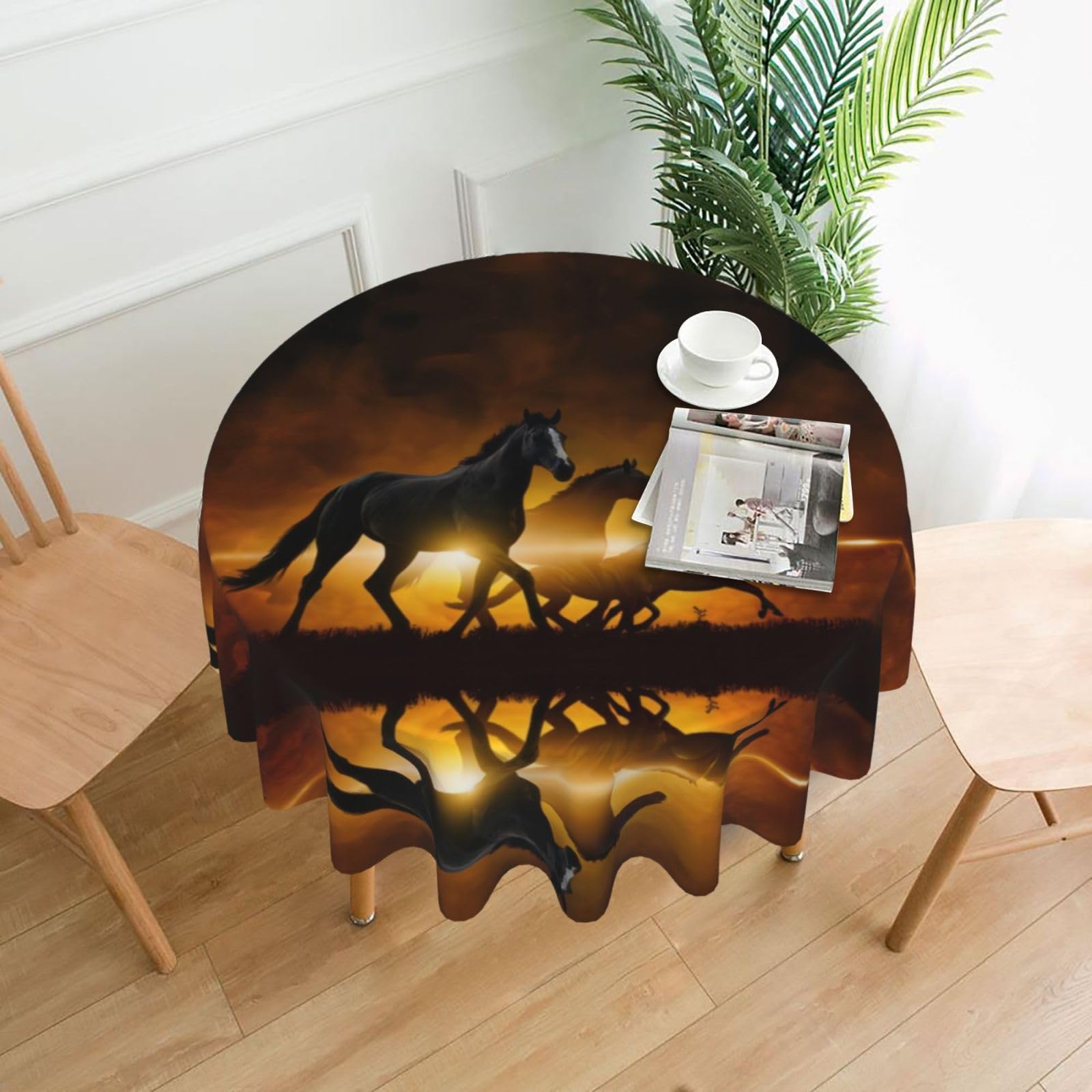 WHJSSF Running Black Horses Prints Round Decorative Table Throw 60 Inch – Waterproof Table Cover for Dining, Coffee Tables, and Outdoor Events
