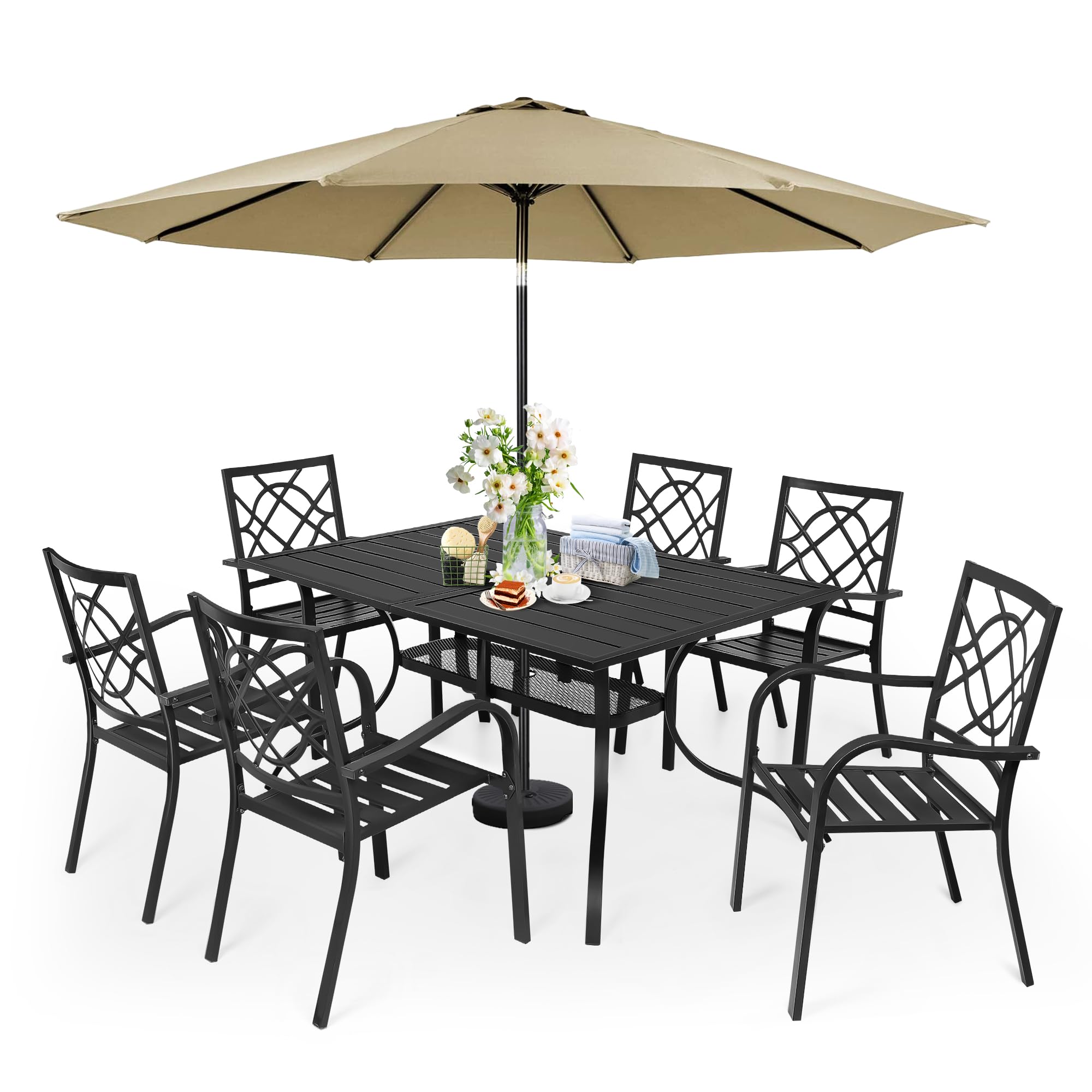 Incbruce 7 Pcs Outdoor Dining Set Wrought Iron Patio Dining Set with Brown Umbrella, Dining Furniture Set (6 Dining Chair and 1 Rectangular Table with