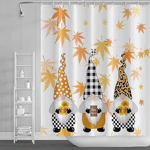 Vista 21 de Yeele Cortinas de ducha de otoño de Acción de Gracias, bonita cortina de ducha de gnomo y calabaza para baño, borde de rejilla blanca y negra