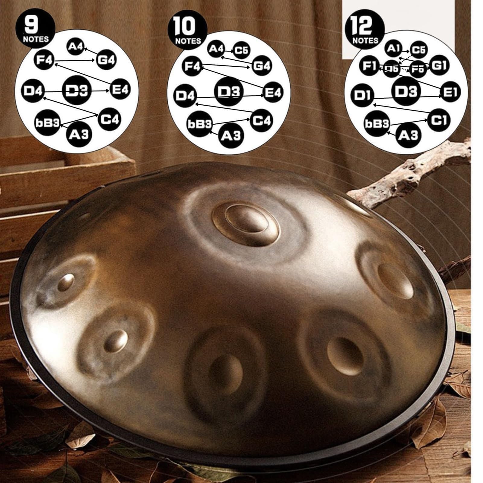 Handpan Drum 432Hz/440Hz, 9/10/12 Note Re Minore Tamburi Curdi Strumento Per Adulti, Tamburo A Percussione In Acciaio Da 22 Pollici Per La Meditazione Yoga(Silver,10 NOTES-440HZ)