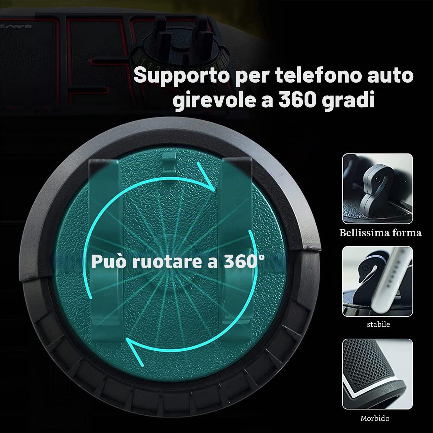 Tappetino per telefono antiscivolo per auto 4 in 1, tappetino per cruscotto auto, tappetino antiscivolo in silicone, tappetino antiscivolo per cruscotto auto multifunzionale, rotazione a 360 °