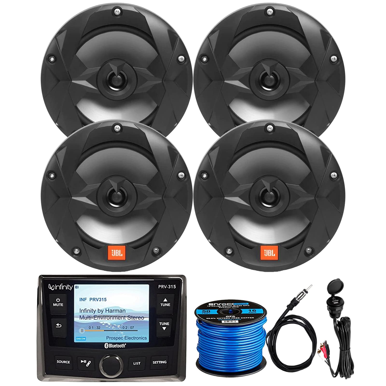 Milennia Infinity AM/FM/WB Tuner AUX USB Bluetooth Marine Digital Media Receiver Bundle with 4X 6.5 2-Way 225W Boat Audio Multi-Element Speakers (Black), Speaker Wire, Antenna, USB/AUX Interface