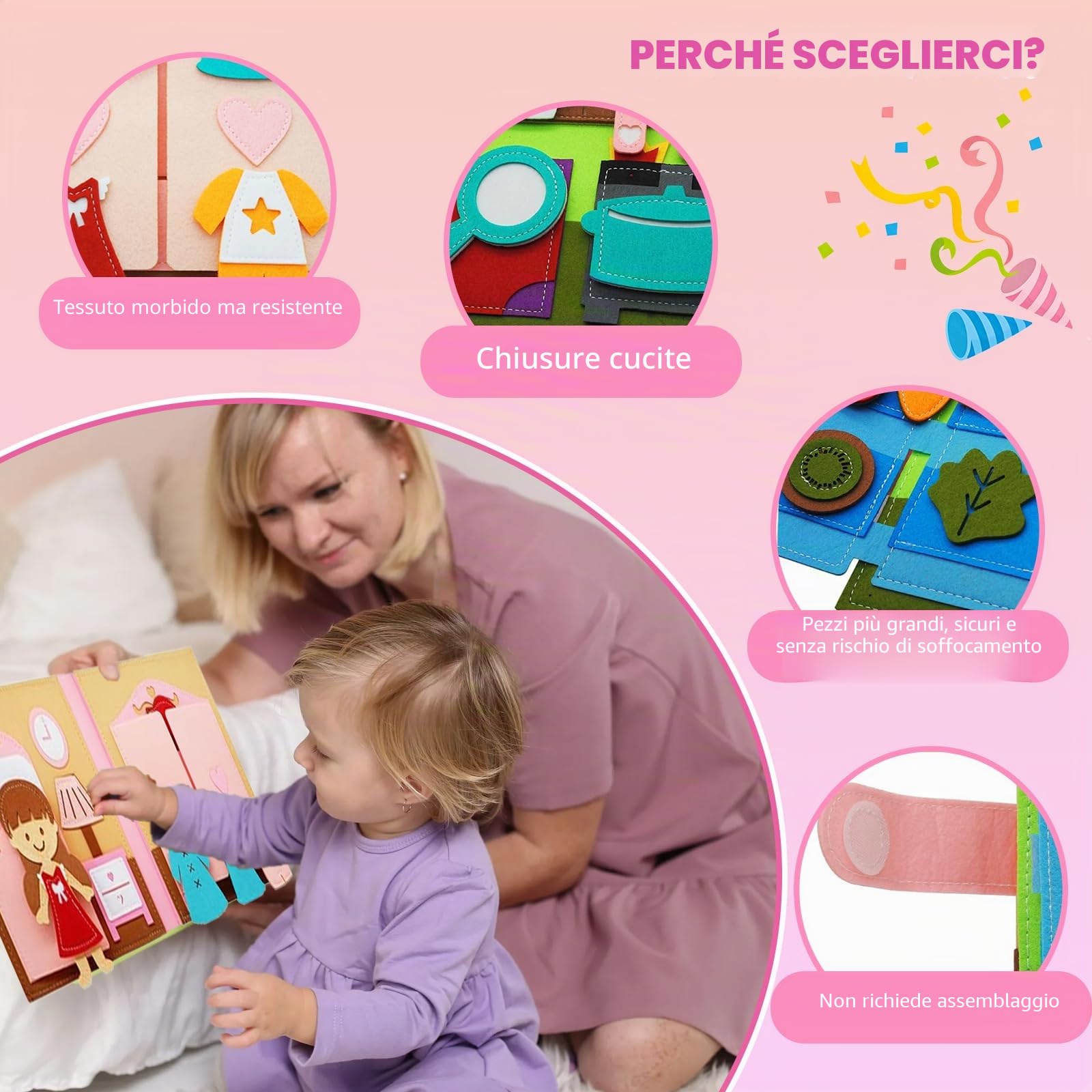 Libro Sensoriale Montessori,Libro in feltro 3D per Bambini 1-6 Anni,Gioco Educativo per Sviluppare Fantasia e Manualità,Ideale per Viaggi e Regali