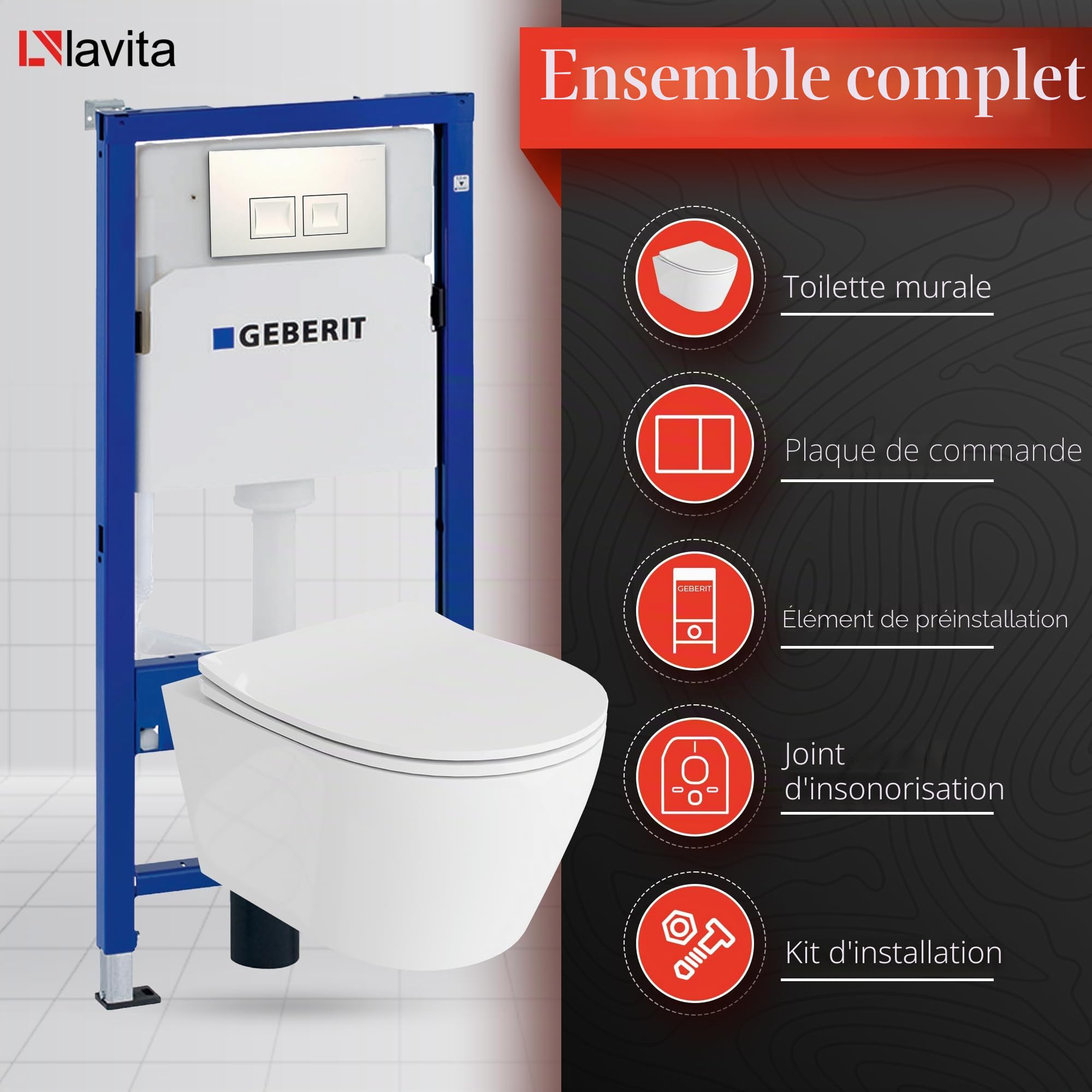 Lavita Duofix Praia Basic Ensemble WC encastré avec élément de chasse d'eau + abattant WC + panneau de commande Delta 25 - Bouton blanc - Kit complet encastré pour WC