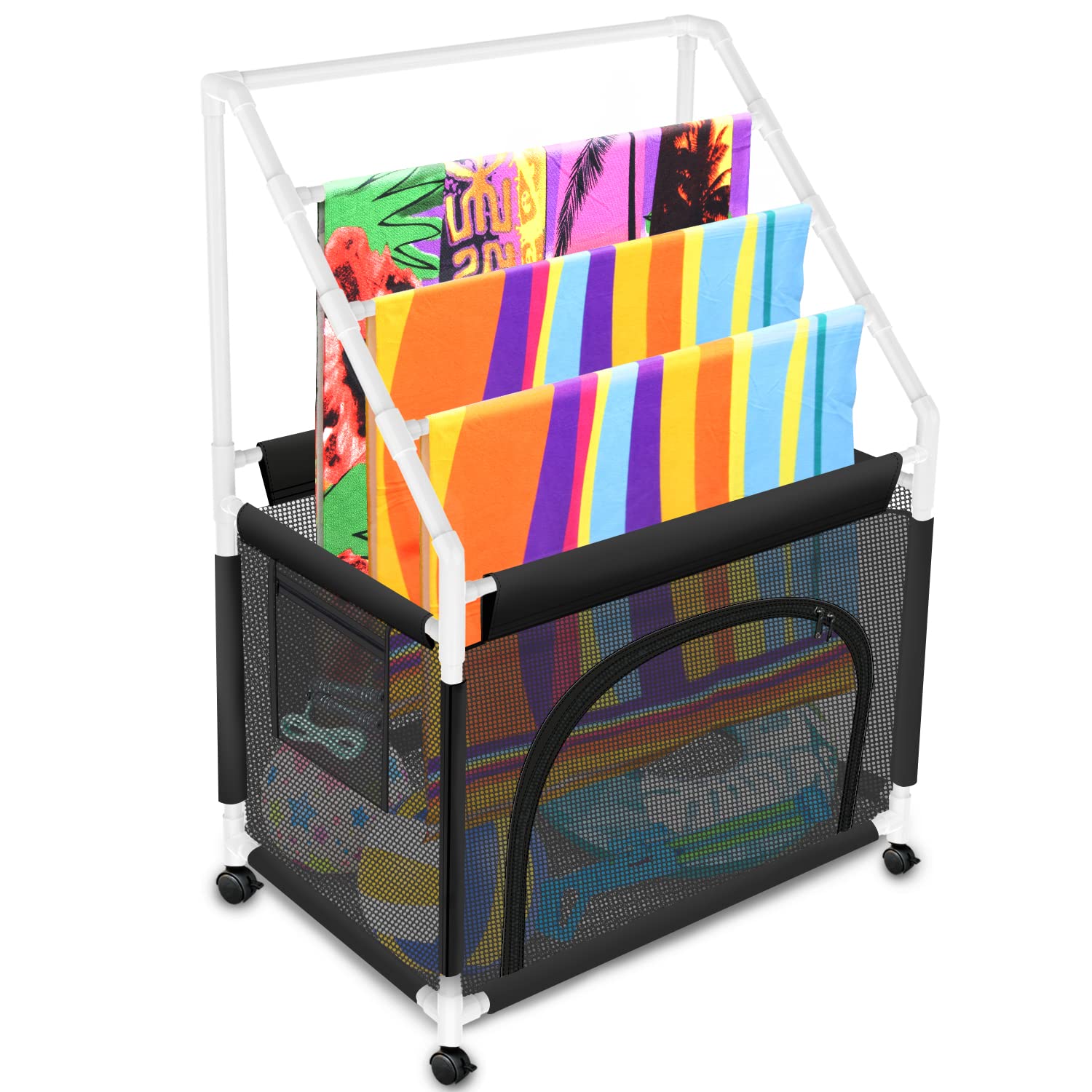 Photo 1 of Heavy Duty Vertical Poolside Pipe Towel Rack for Pool, Lake, RV, PVC Outdoor Pool Beach Towel Rack Shelf with Organizer Net Mesh and Moveable Wheels, 4 Small Towel Clips and Installation Hammer Large