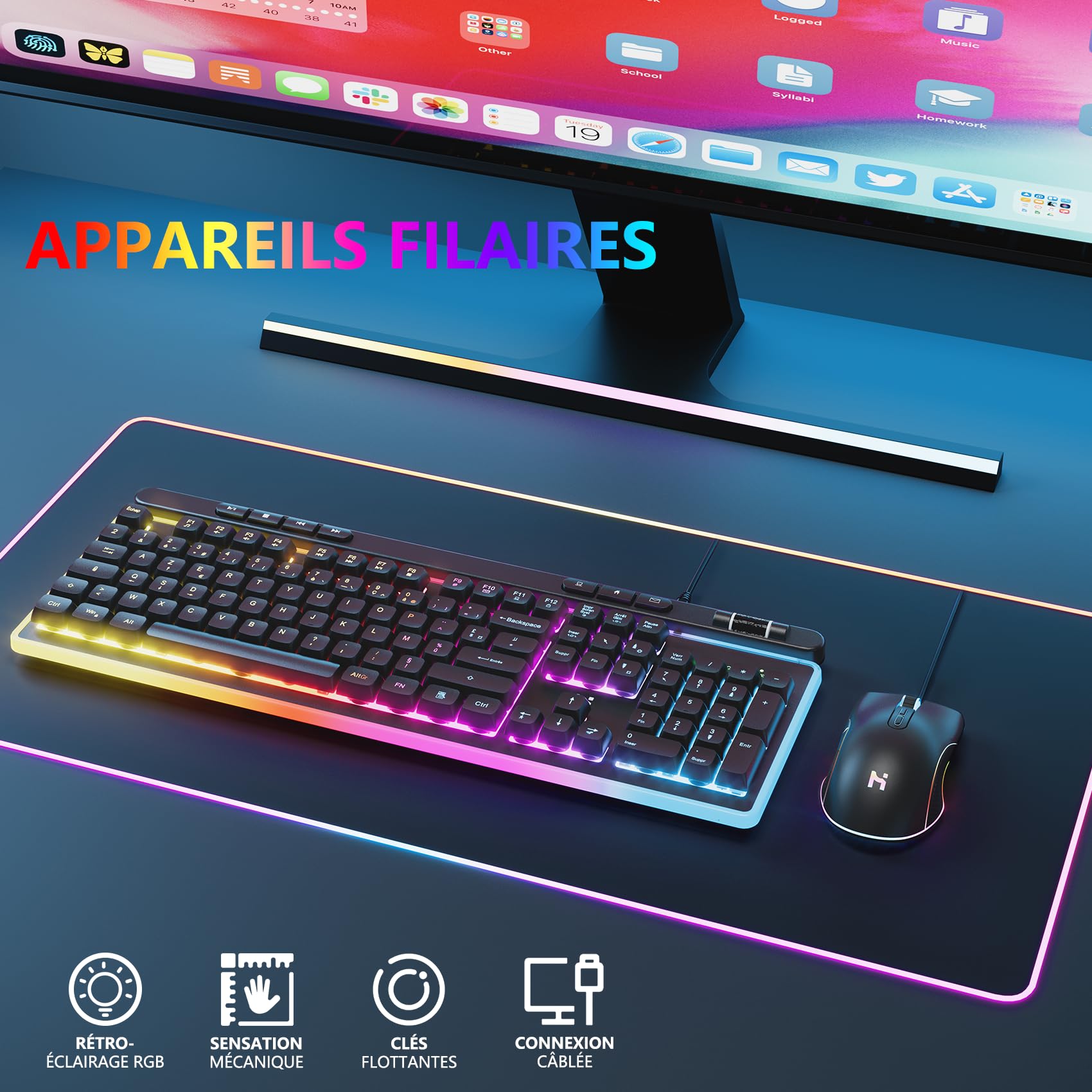HLONONE Pack Clavier Souris Gaming - Ergonomique Clavier Souris Gamer Filaire - Éclairage LED Arc-en-Ciel - Clavier Gamer AZERTY Rétroéclairé - Souris Gamer 7200 DPI - AZERTY FRANÇAIS-pour PC PS4 PS5