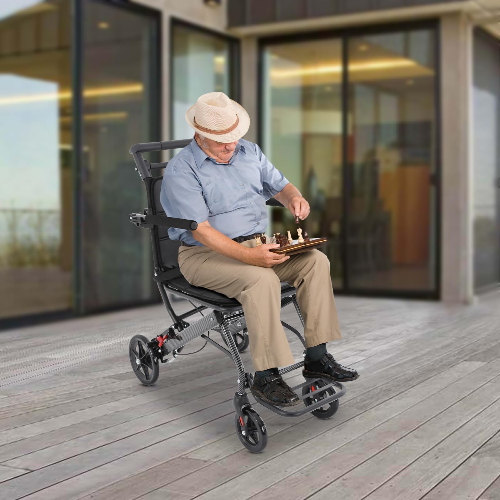 Silla de ruedas de transporte, ligera, plegable, con reposabrazos plegables y reposapiés, hasta 100 kg, para excursiones en casa