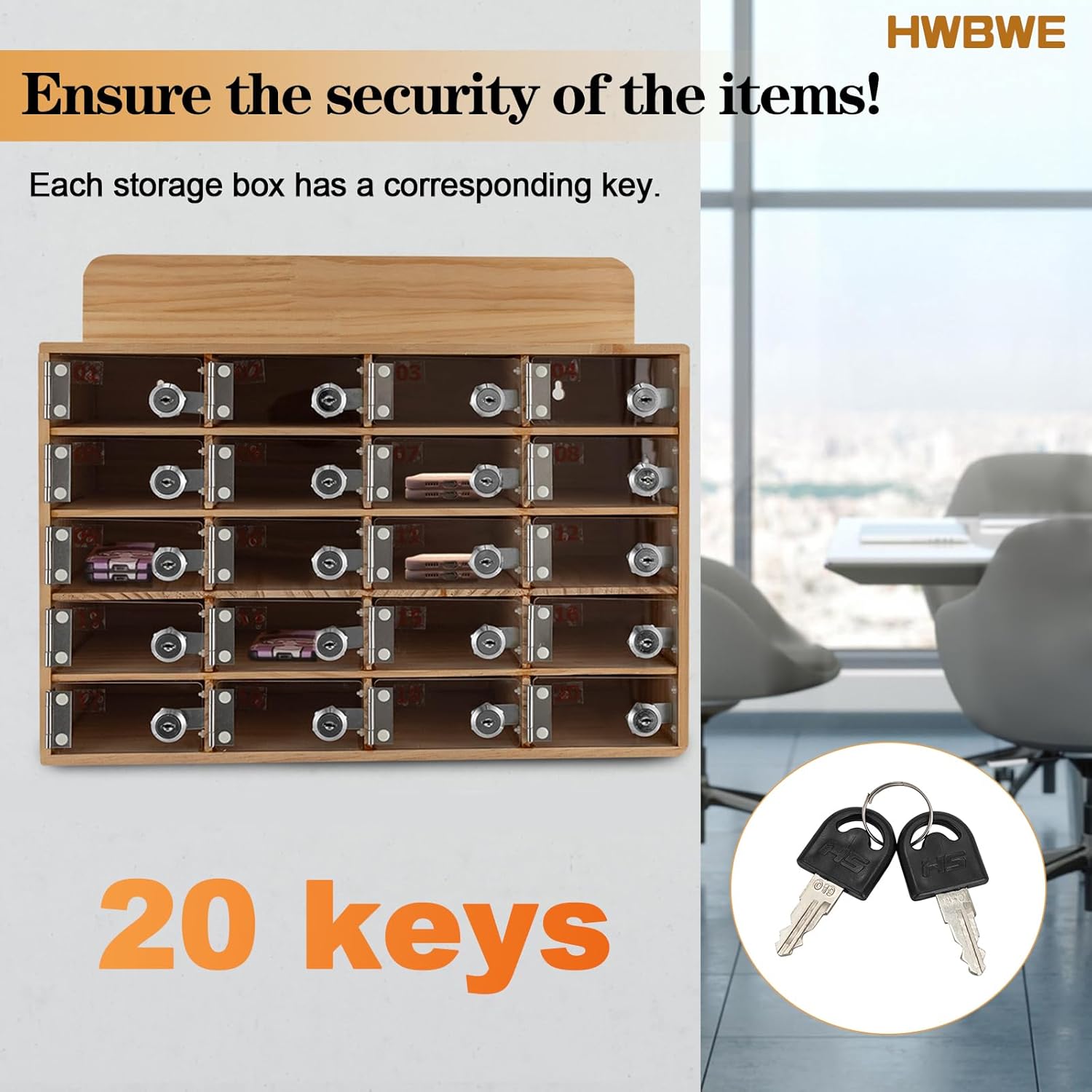 Cell Phone Storage Locker, 20 Slots Acrylic Material with Door Locks and Keys, Wall-Mounted Cabinet Pocket Office Classroom Gym Box, Clear