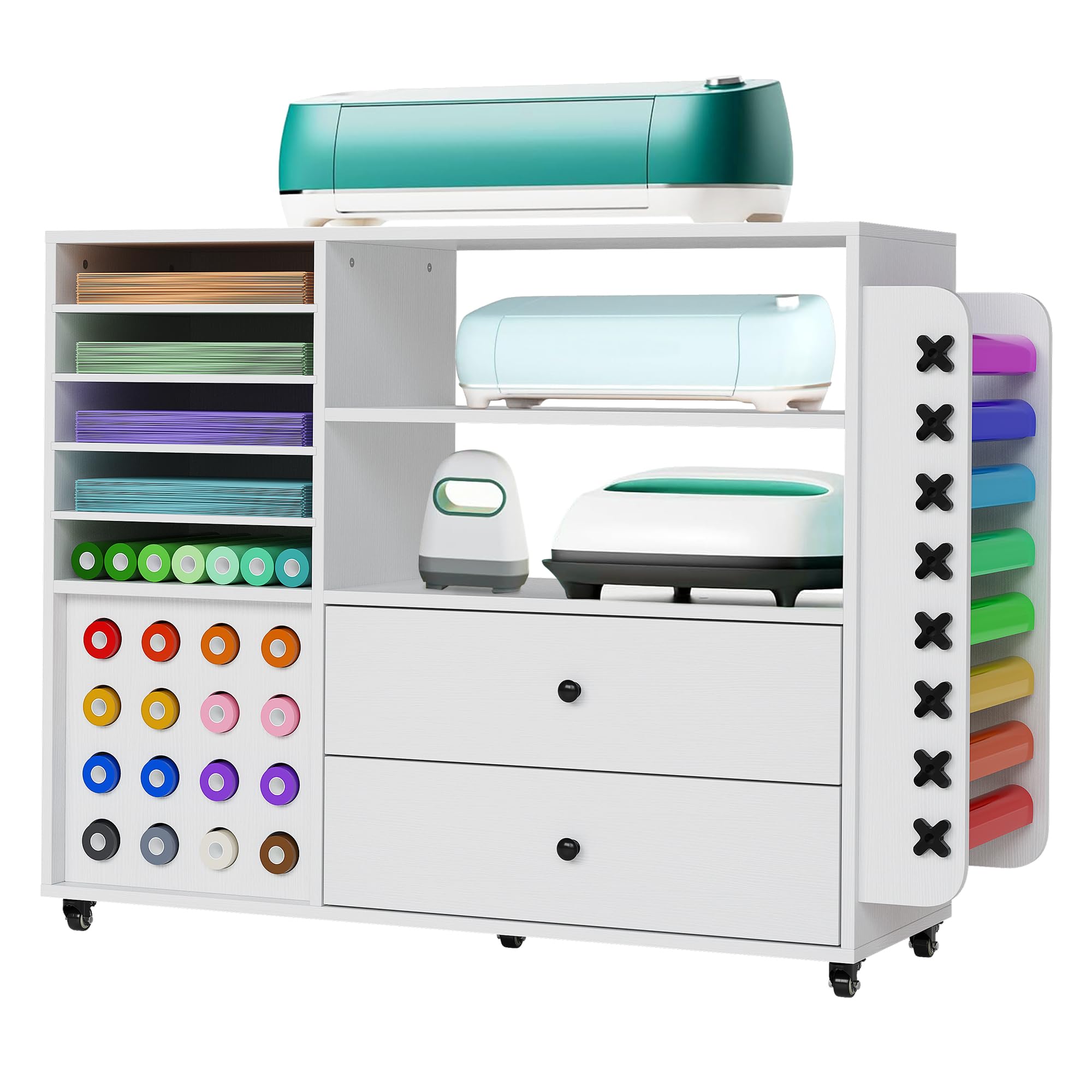 Cutehairy White Organization And Storage Craft Table For Cricut Machines, Rolling Cart Cabinet With 24 Vinyl Roll Holders And 2 Drawers, Crafting Cabinet Table Workstation For Craft Room Home(106X36x87cm)