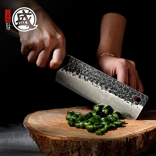 Miniatura 8 de MITSUMOTO SAKARI Cuchillo de chef japonés Nakiri de 7 pulgadas, cuchillo de cocina profesional forjado a mano para verduras, cuchillos de chef