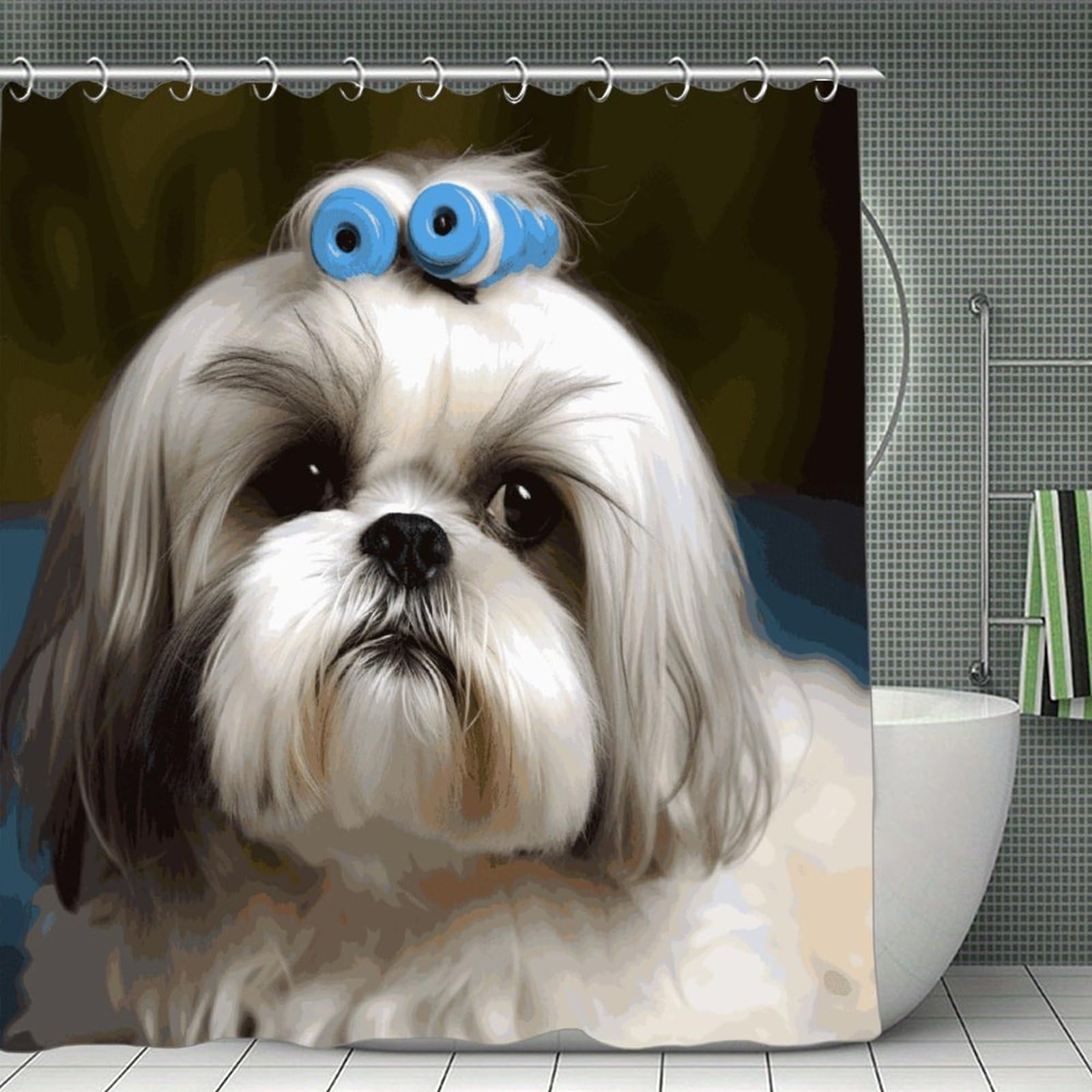 VstaDank Shih Tzu Dog Bath Curtain Elegant Heavy Duty Shower Curtains 70x70 in Rustic Farmhouse Cloth Shower Curtains Neutral Modern Bath Curtain for Bathroom