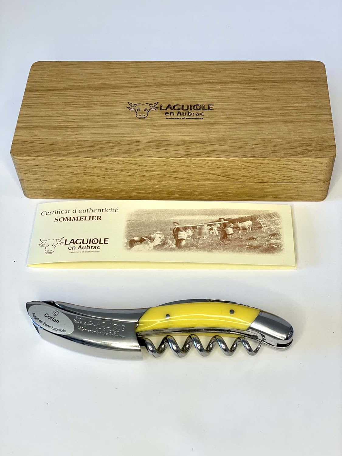 Laguiole En Aubrac Sommelier Waiter's Corkscrew, Corian Handle, Wine Opener With Foil Cutter & Bottle Opener, Stainless Steel Shiny Bolsters (Sunshine Yellow Corian)