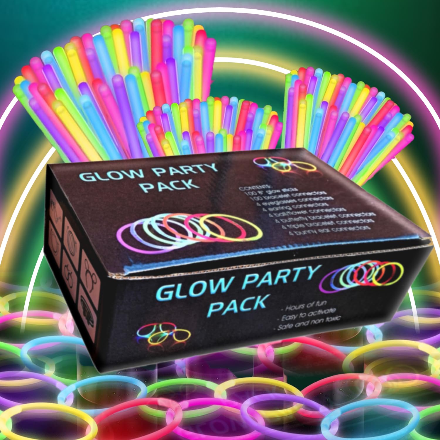 JG BLESS | Pack (224 Pcs) Glow Party - Barras Luminosas - 100 Pulseras Luminosas Fluorescentes + 124 Conectores, Kit Neon Crear Gafas, Pulseras, Brazaletes, Flores, Fiesta, Navidad, Boda, Cumpleaños..