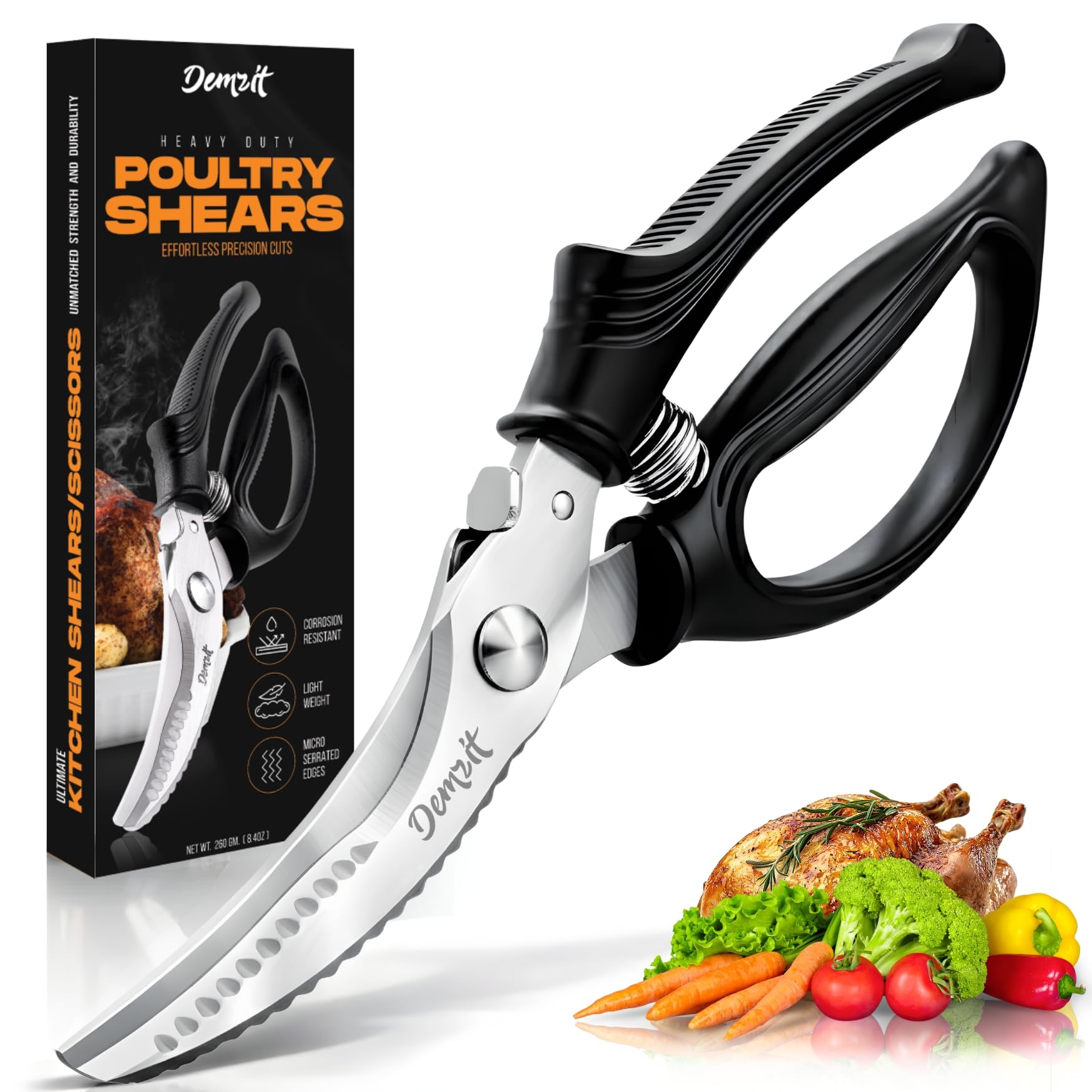 Poultry Shears, Kitchen Shears Heavy Duty for Food With Anti-Slip Handle & Safety Lock, Meat Scissors, Chicken, Lobster, Quail, Fish, Food Cutting Scissors, Bone Cutter - Spring Loaded