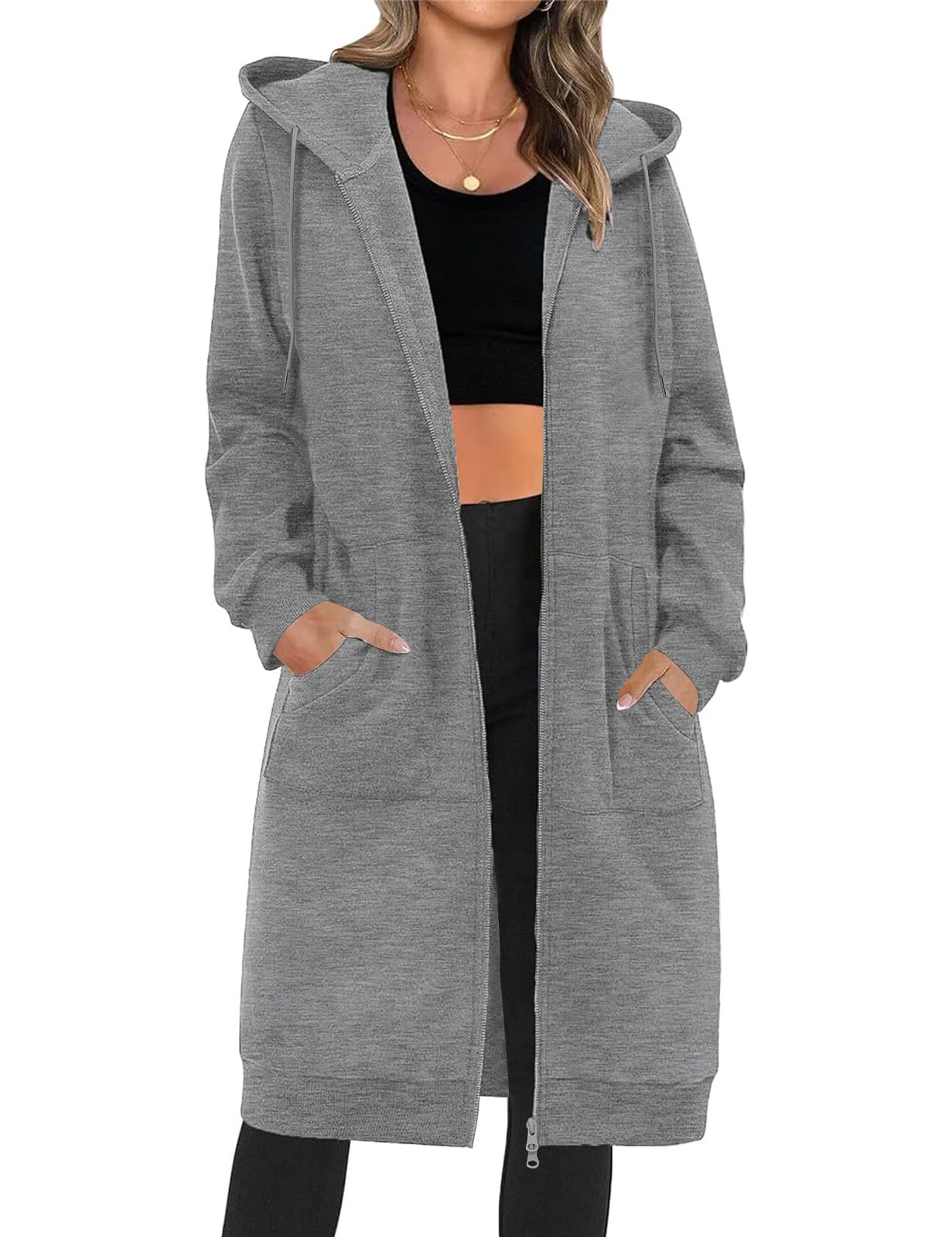 Sweat à Capuche Femme Zippé Veste Polaire Longue Pullover Manches Longues Épais Hoodie Lâche Manteau Automne Hiver Casual Sweatshirt avec Poches